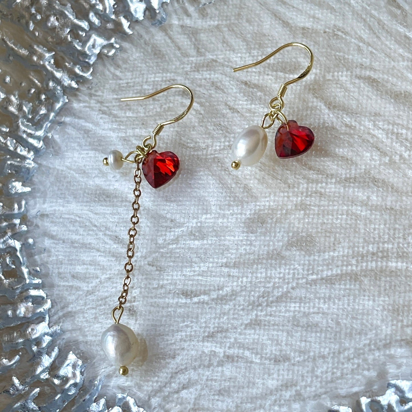 Handmade Romantic Red Ruby Heart Earrings - Mismatched Natural Pearl Drop Earrings