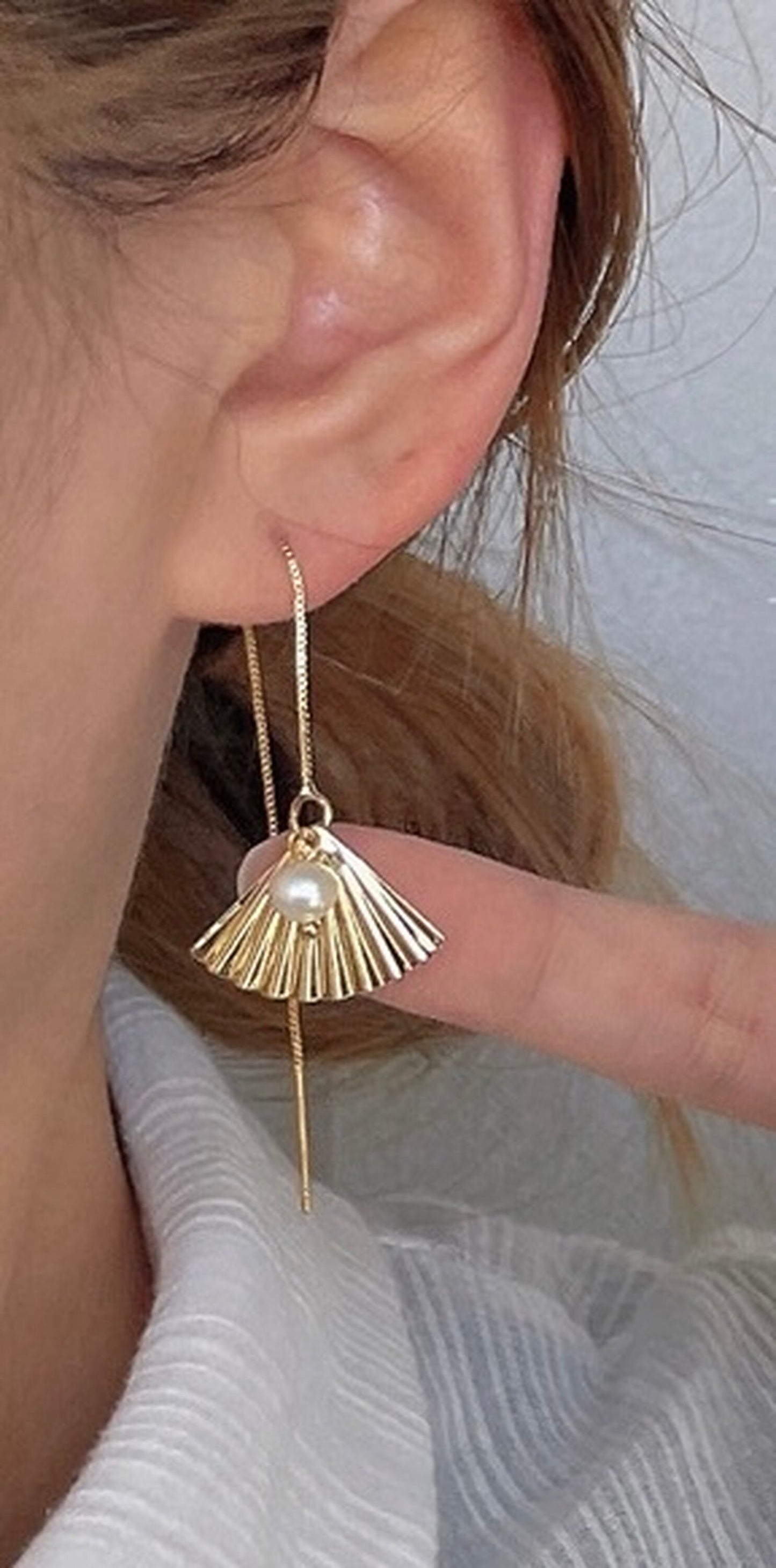 Gold Ginkgo Leaf Threader Earrings | Luxury Handmade Asymmetric Dangly Threader Earrings