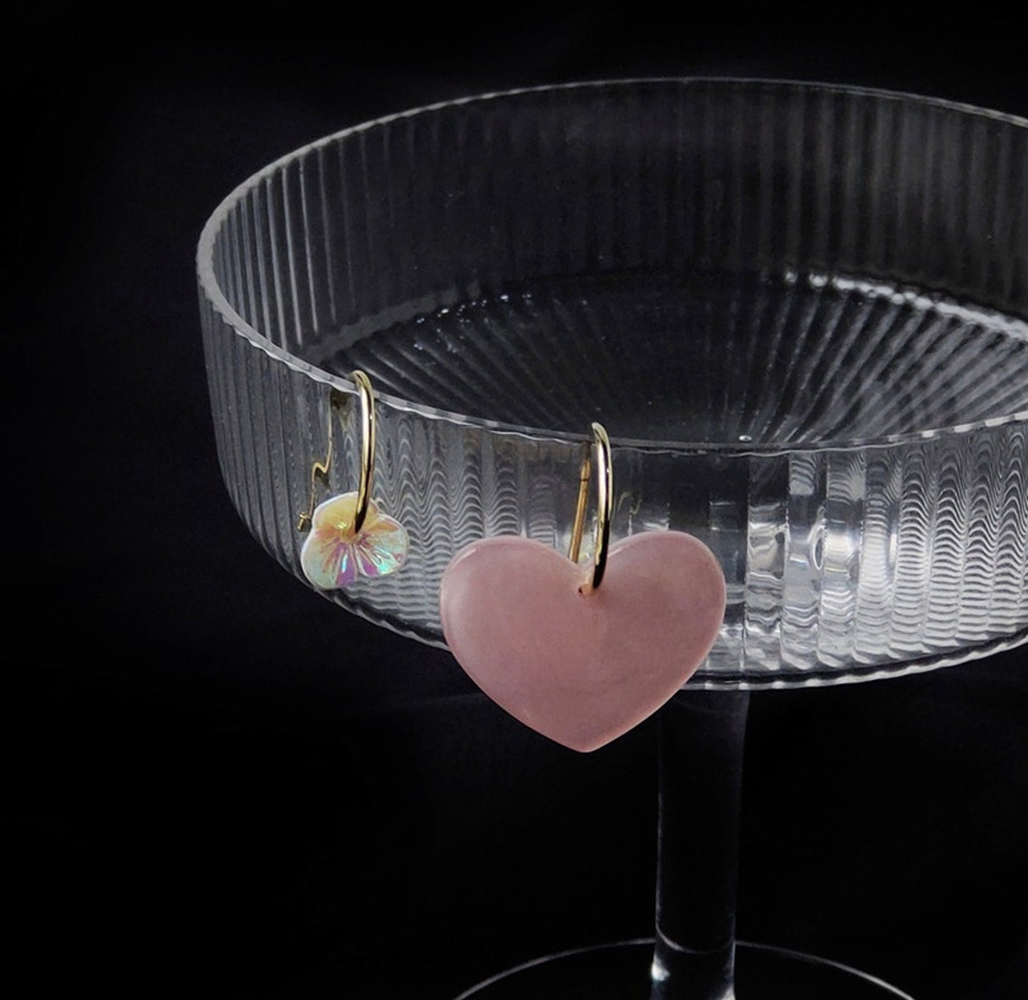 Pastel Pink Heart Mismatched Earrings | Dainty Gold Hoop Earrings