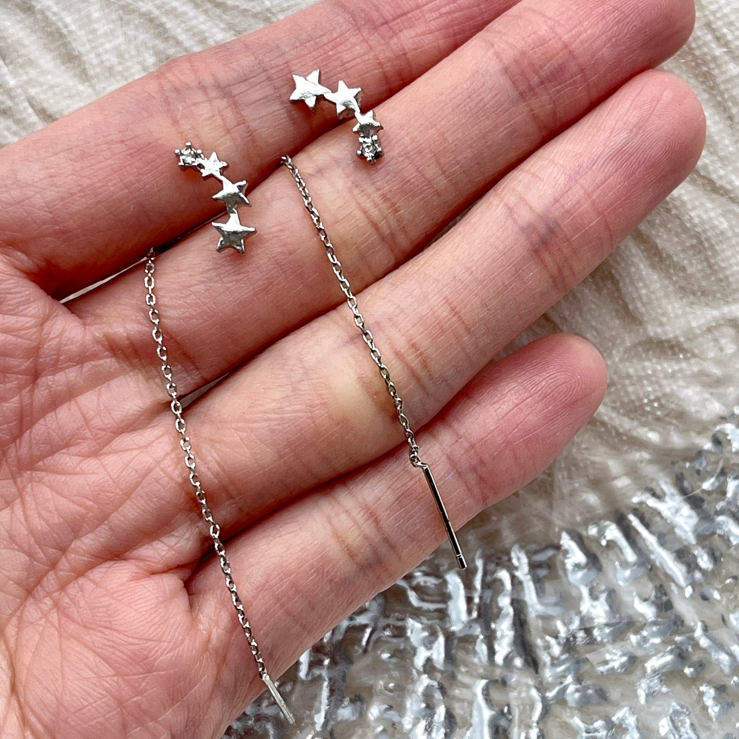 Dainty star threader earrings, Silver starburst ear threaders, CZ ear climbers, Minimalist threader earrings, Star cluster drop ear threader