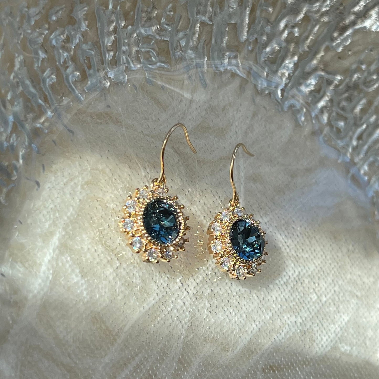 Handmade Gold Lace Blue Sapphire Earrings - Dainty Blue Bridesmaid Wedding Earrings