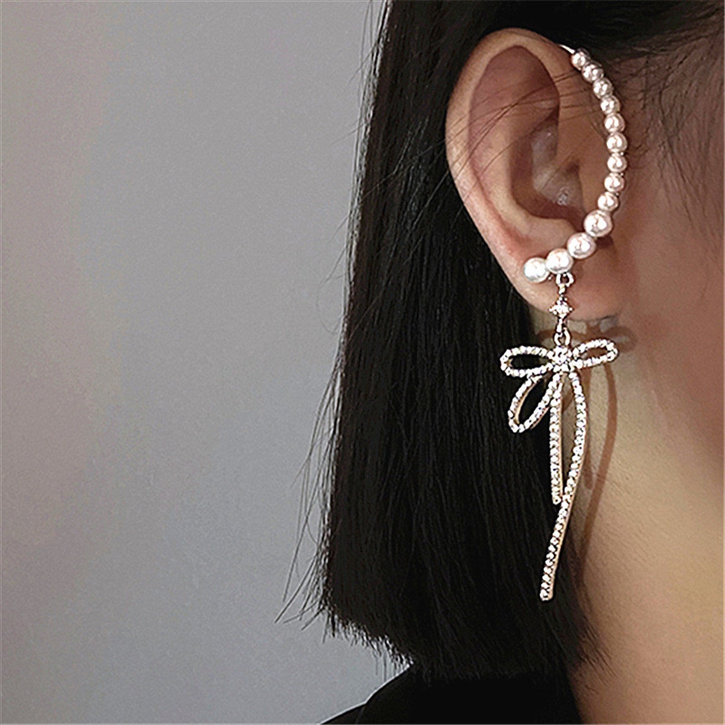 Silver Bow Ribbon Long Dangle Ear Wrap - K-Pop No Piercing Sparkly Earrings Statement Ear Cuffs