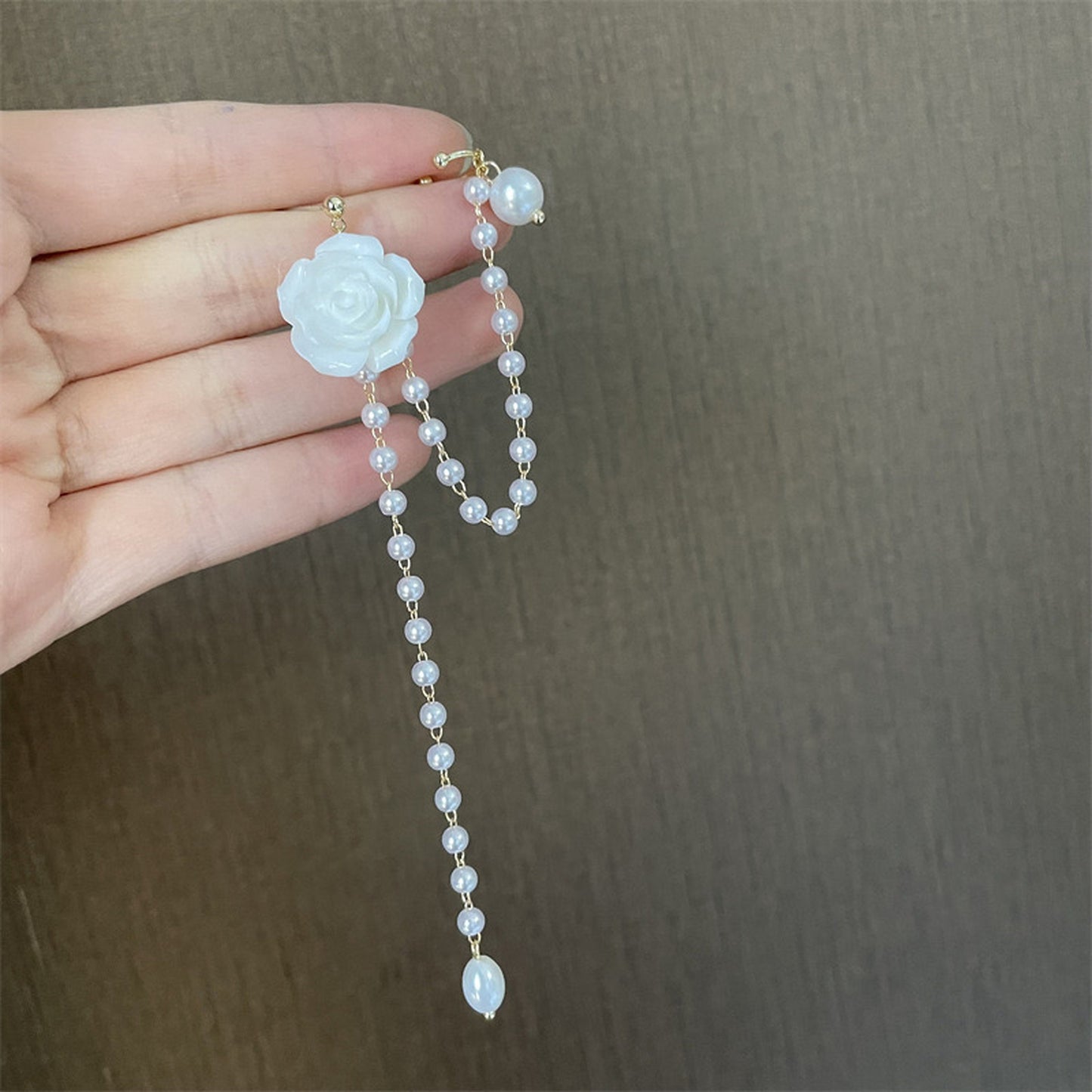 White Rose Ear Climber Wrap Cuff - Romantic Long Pearl Tassel Earrings