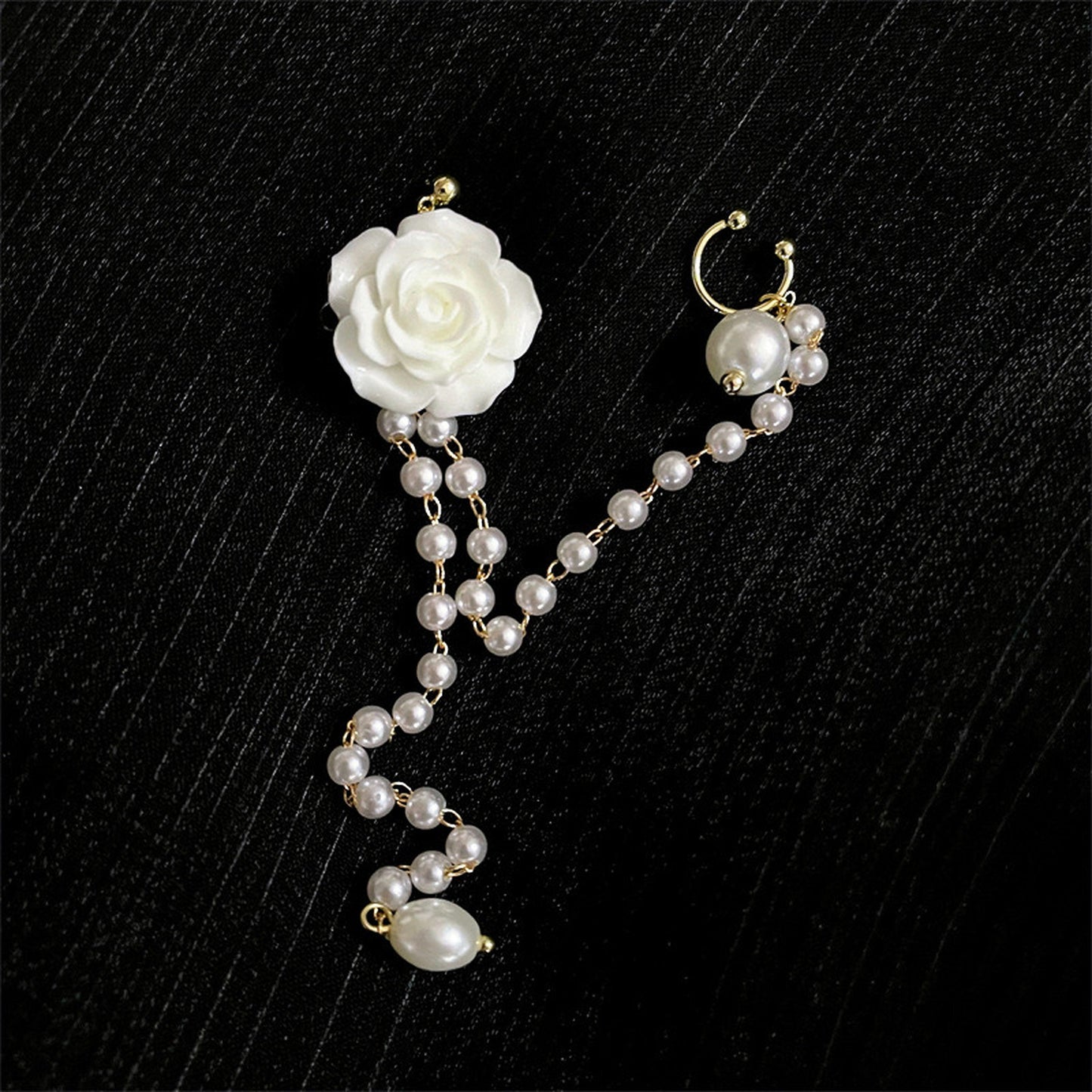 White Rose Ear Climber Wrap Cuff - Romantic Long Pearl Tassel Earrings