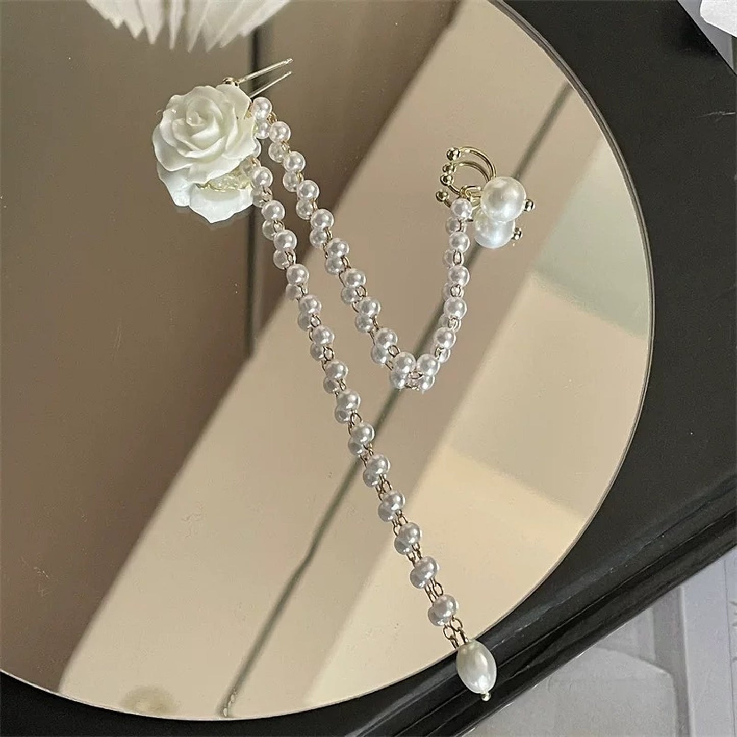 White Rose Ear Climber Wrap Cuff - Romantic Long Pearl Tassel Earrings