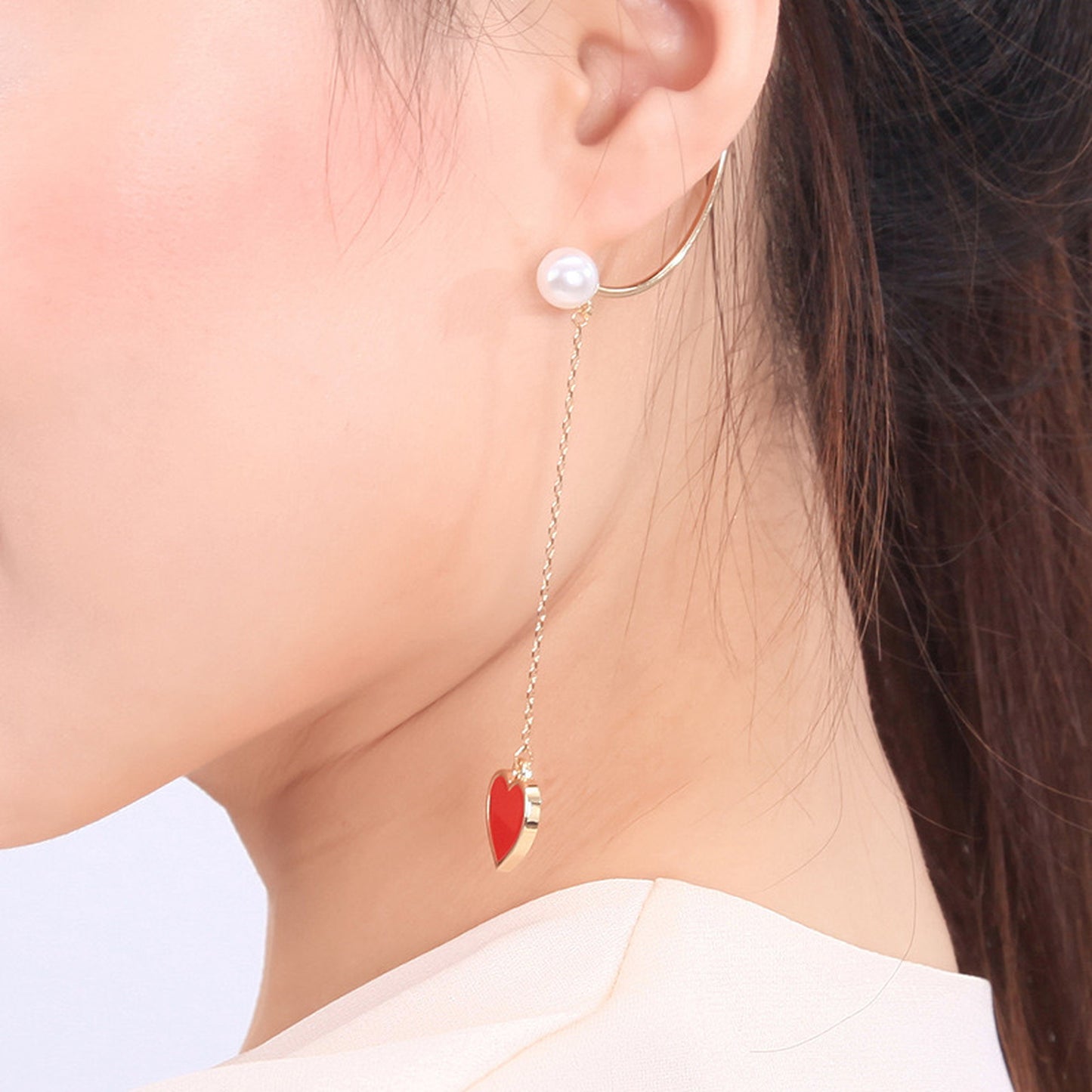 Romantic No piercing Red Heart Dangle Drop Ear Wrap | Pearl Long Tassel No Ear Hole Jewelry