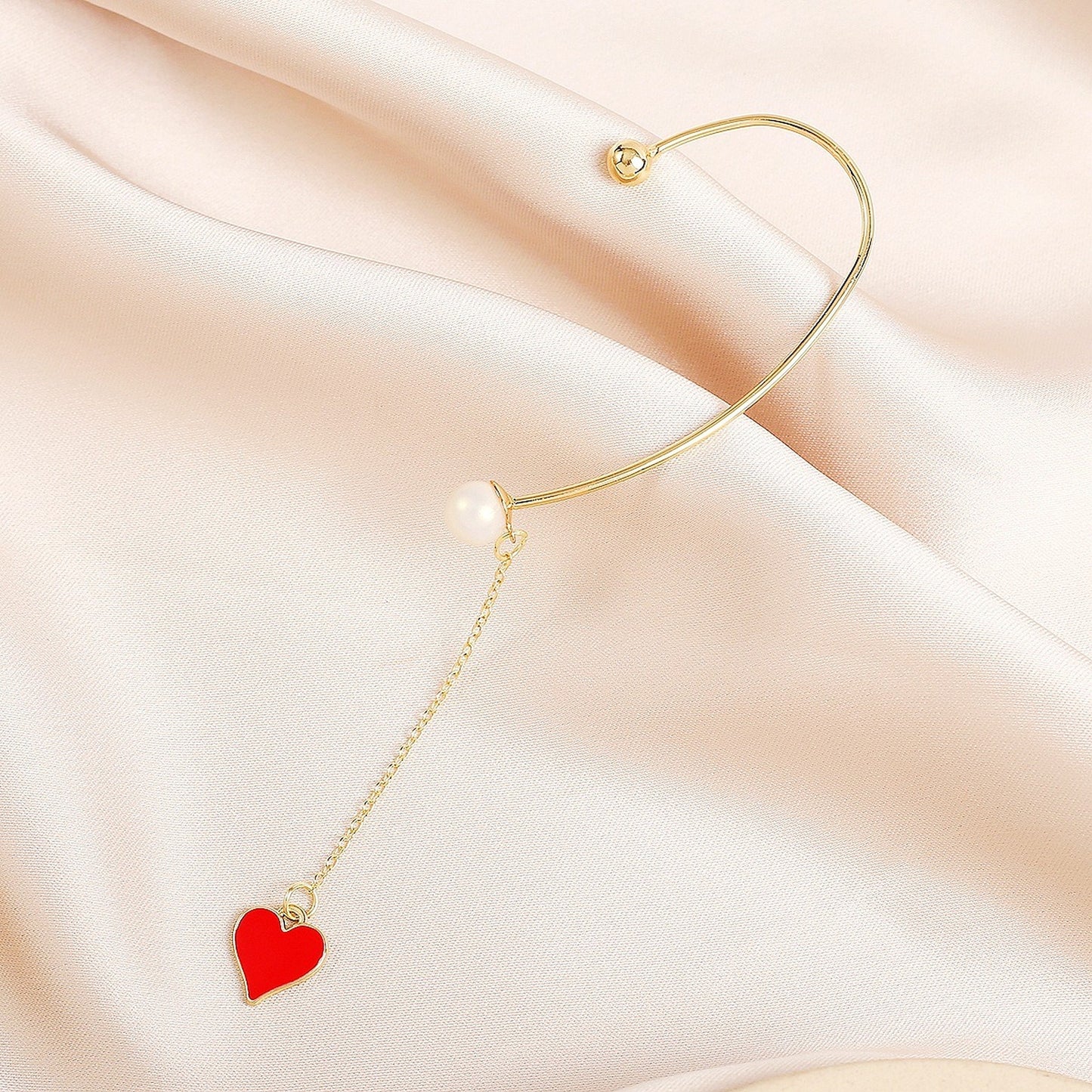 Romantic No piercing Red Heart Dangle Drop Ear Wrap | Pearl Long Tassel No Ear Hole Jewelry