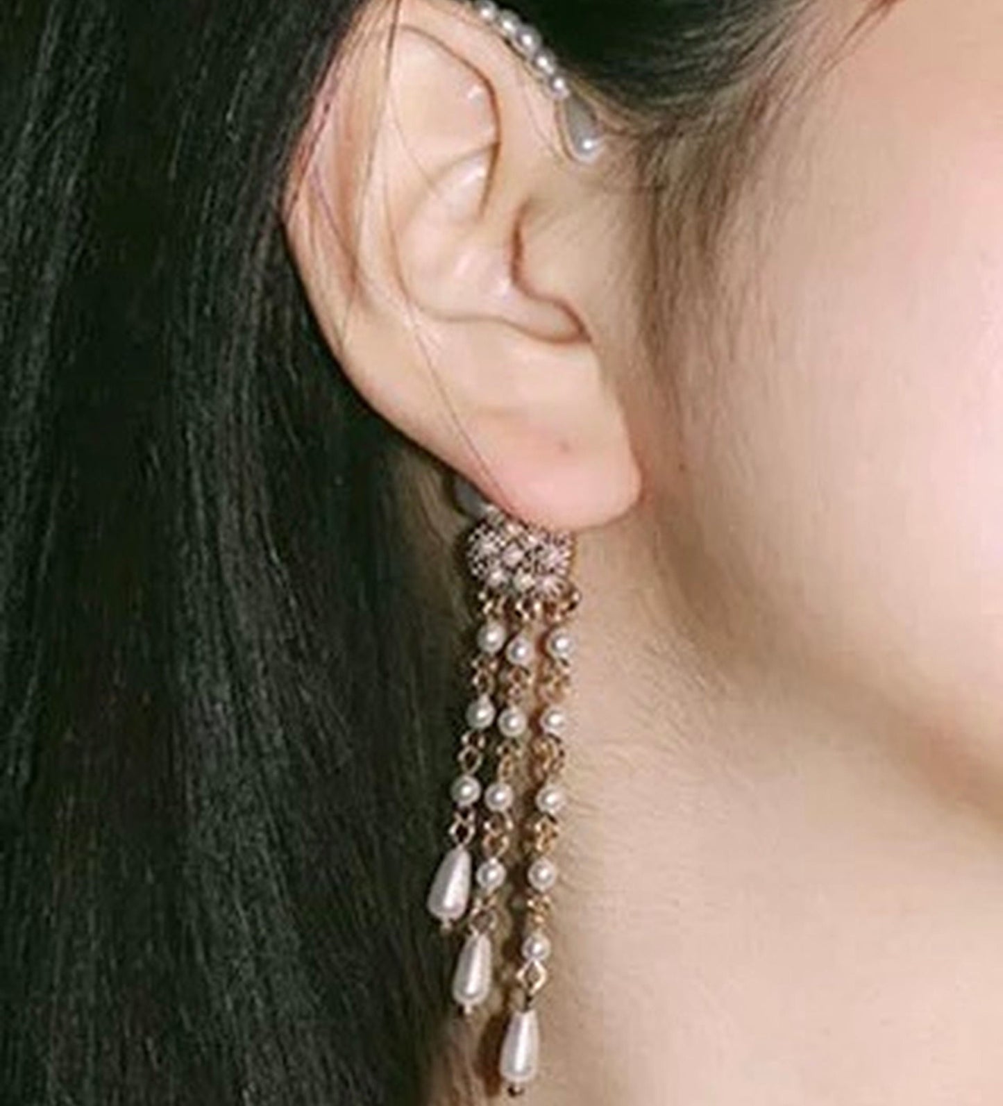 Dainty No piercing Pearl Ear Wrap - Multi Layer Dangle Tassel Ear Cuff