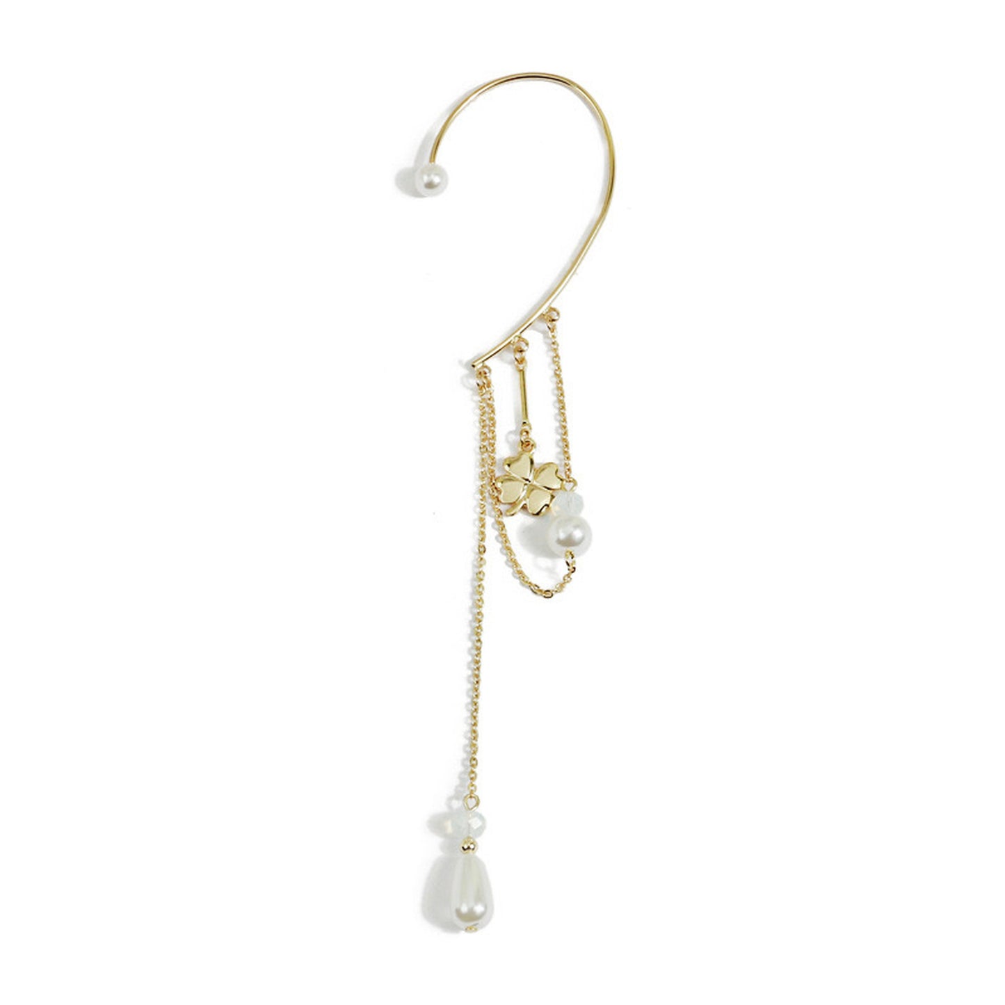 No Piercing Dainty Pearl Ear Cuff - Four Clover Leaf Long Dangle Tassel Dangle