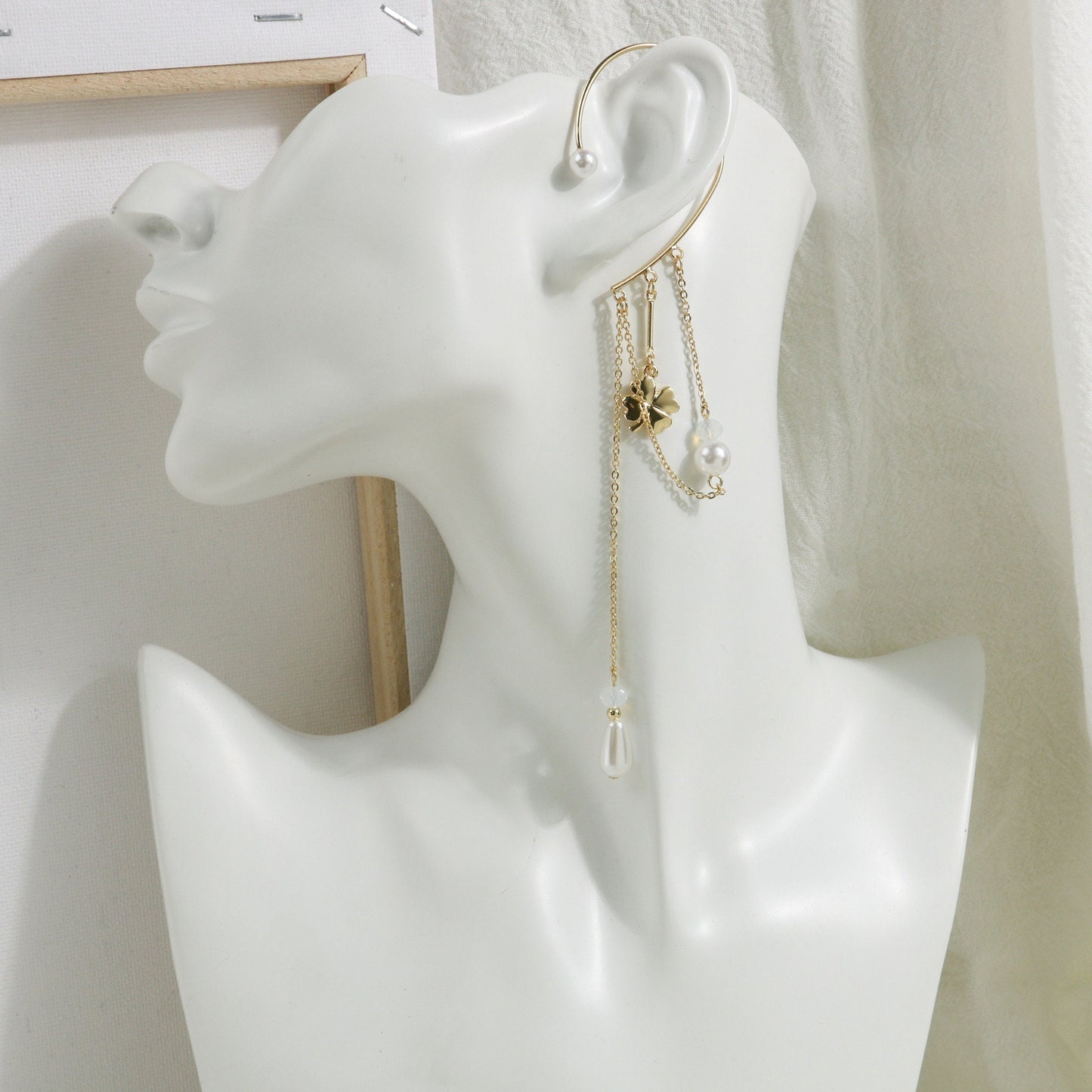 No Piercing Dainty Pearl Ear Cuff - Four Clover Leaf Long Dangle Tassel Dangle