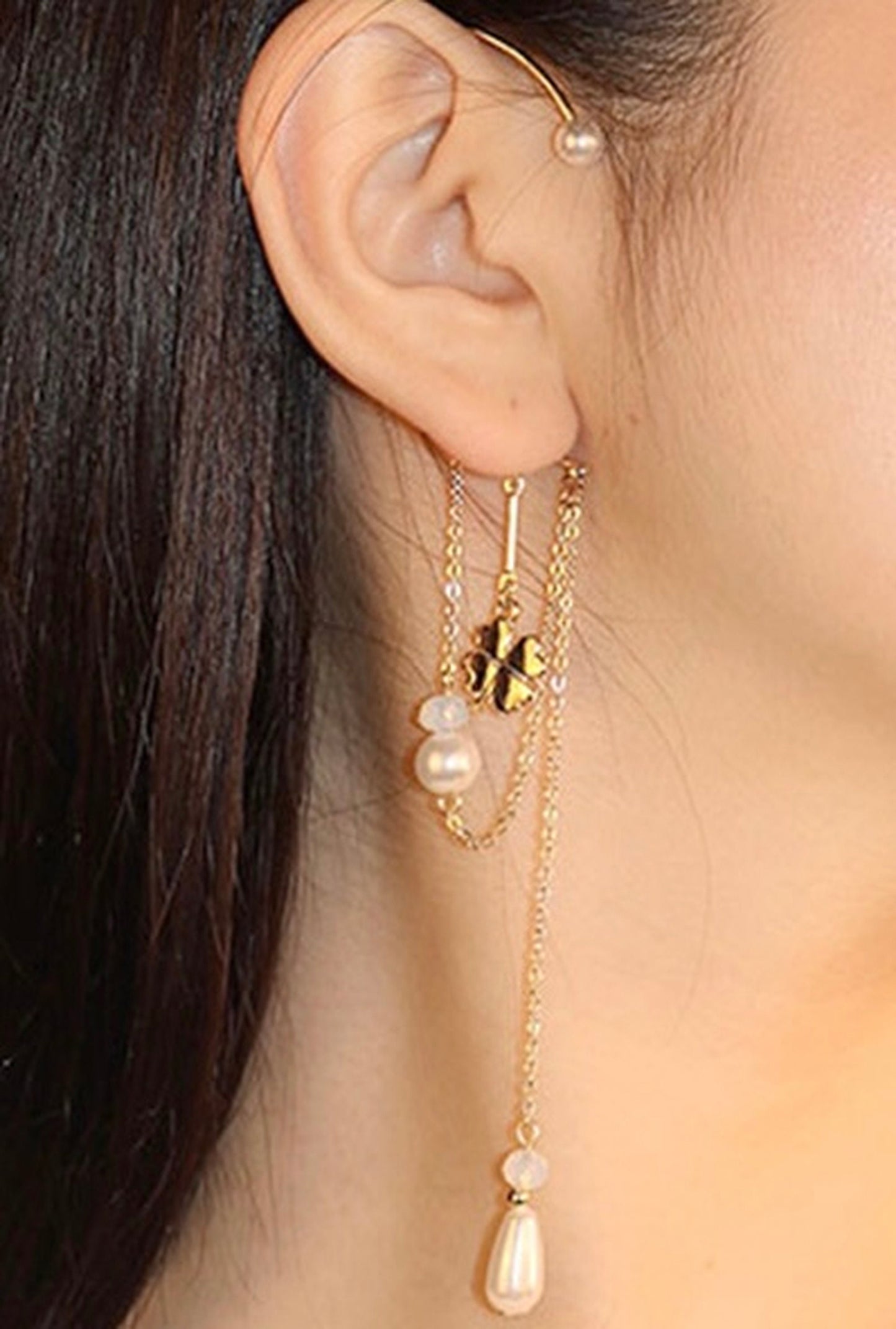 No Piercing Dainty Pearl Ear Cuff - Four Clover Leaf Long Dangle Tassel Dangle