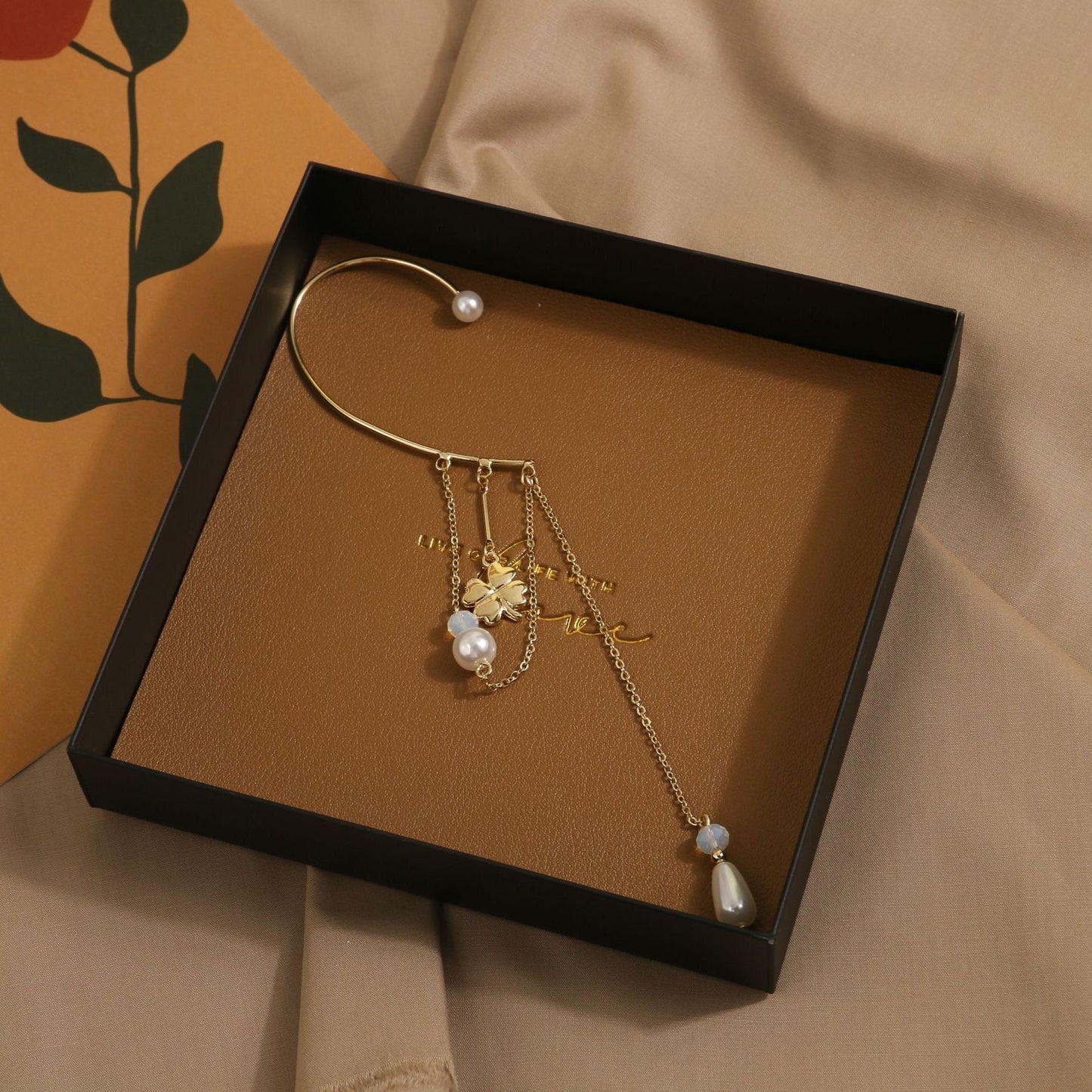 Dainty pearl ear wrap, Long tassel dangle earrings, No piercing bridesmaid earrings, Clover Ivy vine ear wrap, No pierce statement earrings