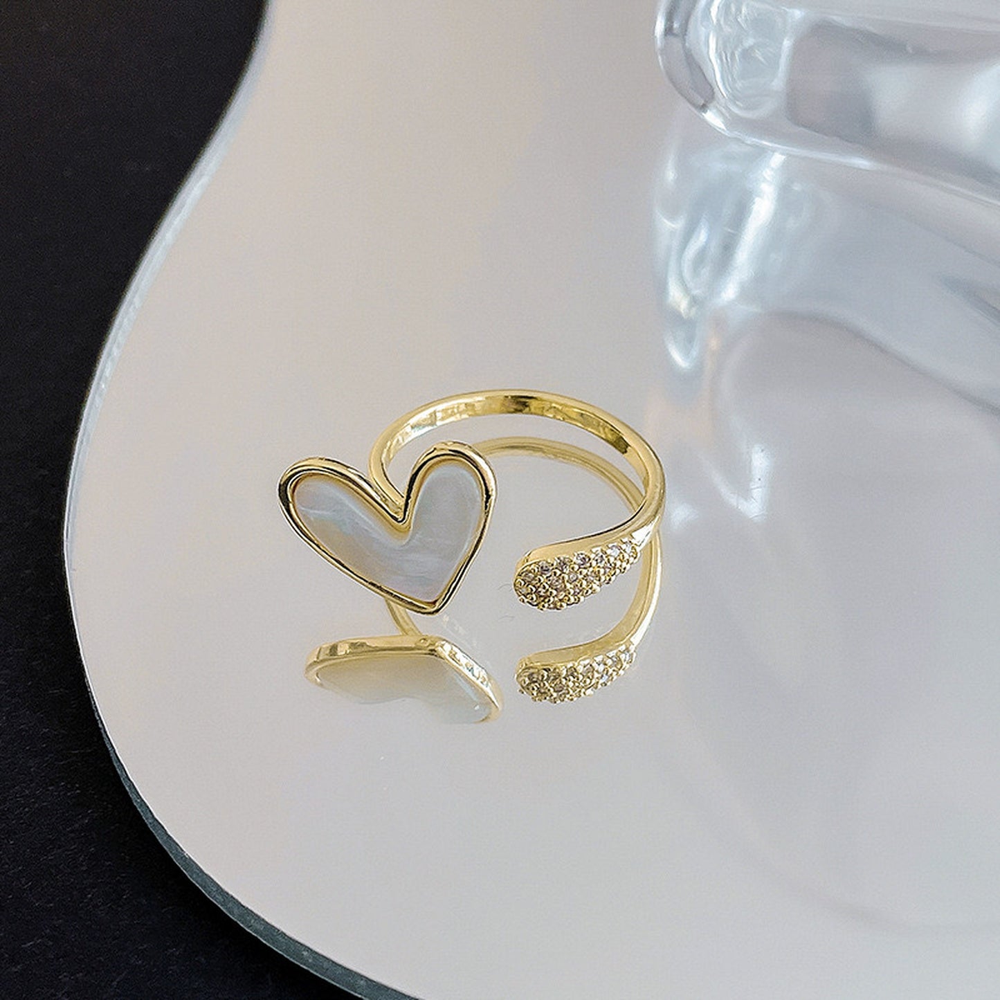 Mother of Pearl Gold Heart Cocktail Ring - Open Shell White Chunky Ring