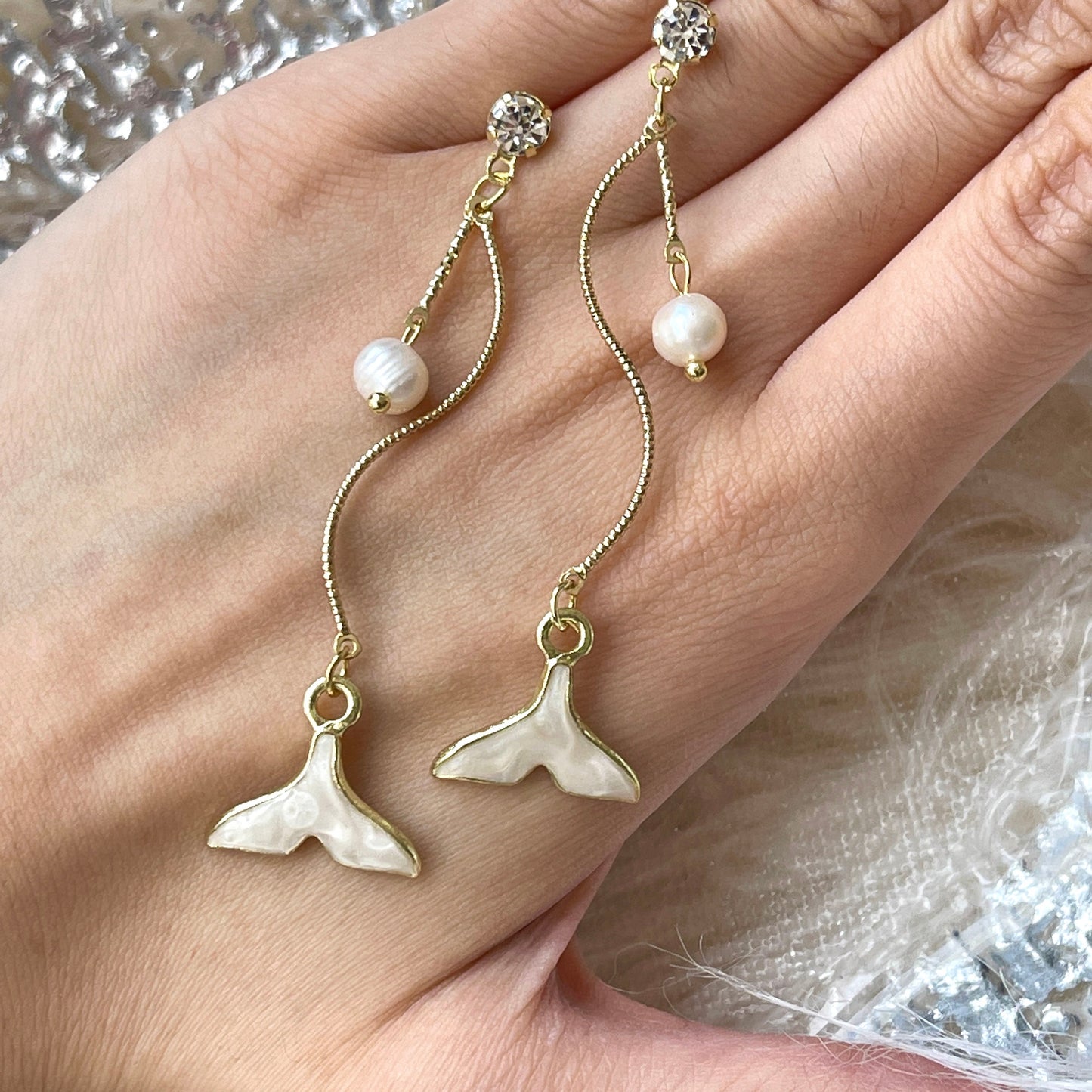 Mermaid Tail Earrings, Natural Pearl Earrings, Gold Spiral Dangle, Rhinestone Earrings, Ocean Creature Earrings, Mermaid Earrings, Nautical