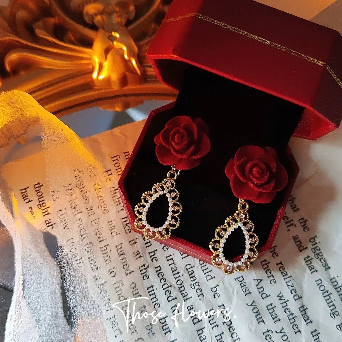 Beauty and the Beast Princess Earrings - Victorian Romantic Red Velvet Rose Earrings