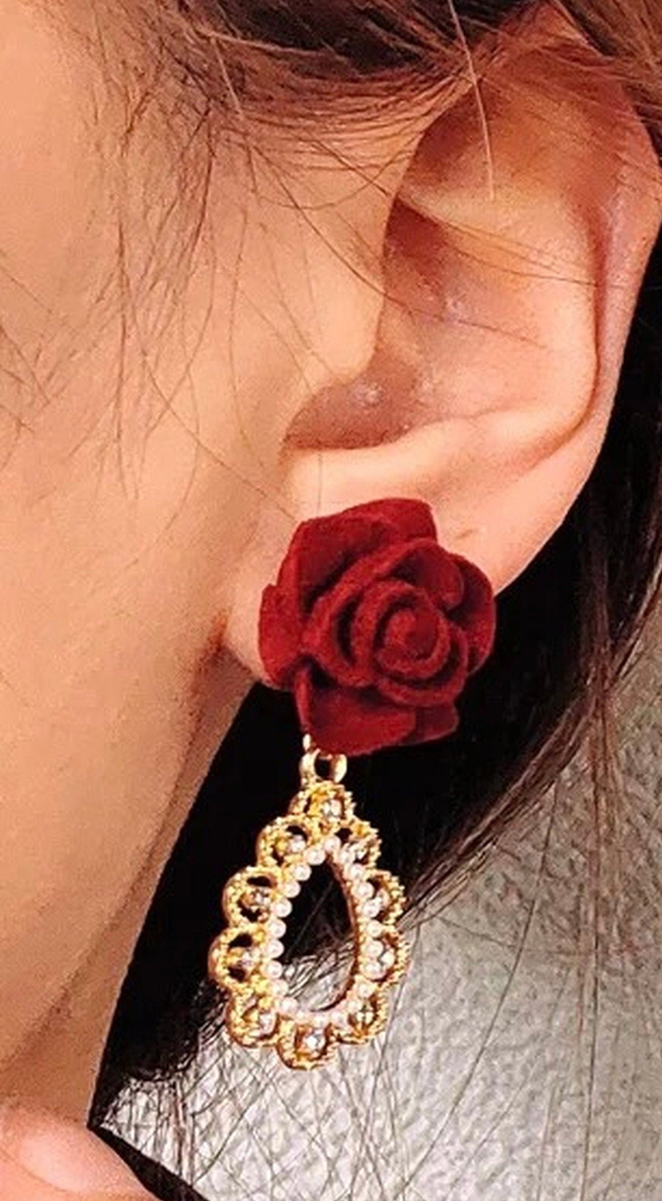 Beauty and the Beast Princess Earrings - Victorian Romantic Red Velvet Rose Earrings