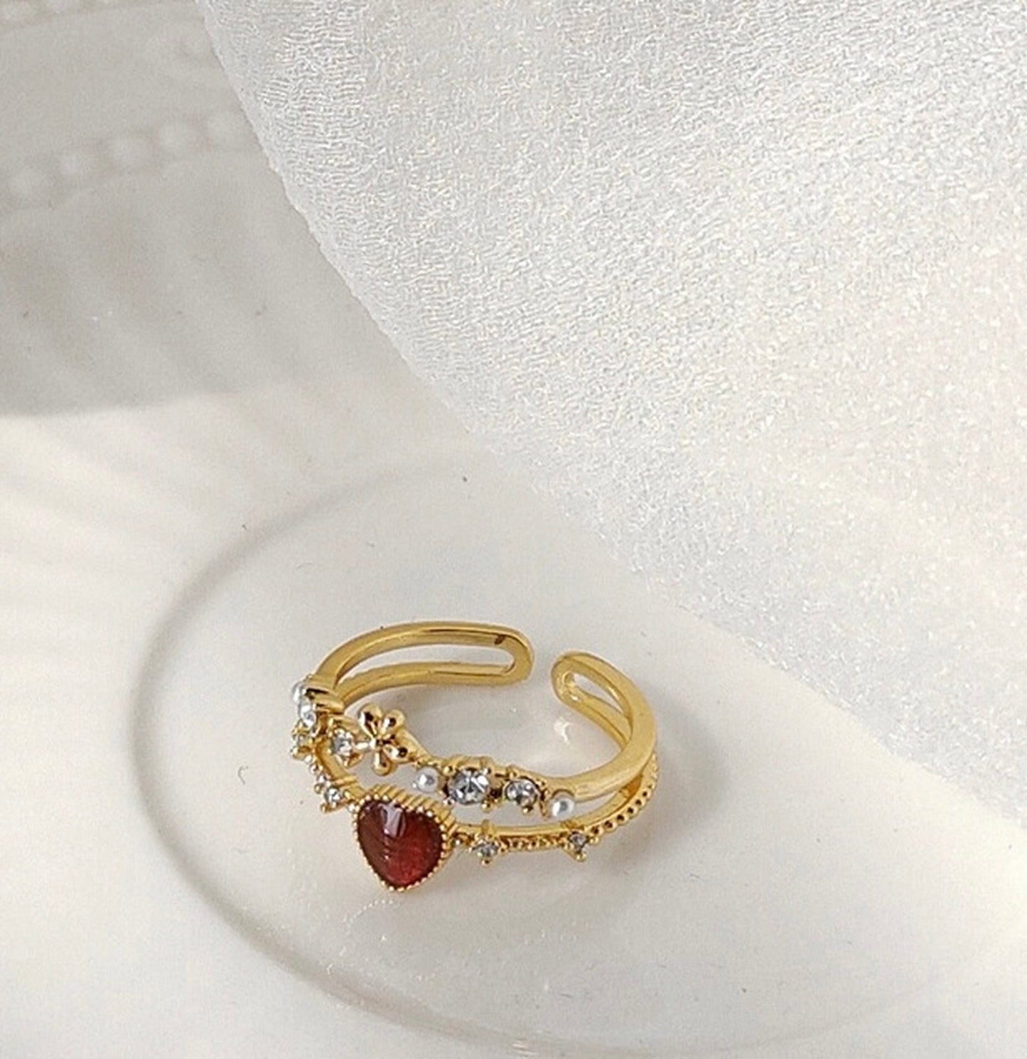 Red Heart Y2K Stacking Ring - Dainty Cute Double Layer Gold Lace Ring