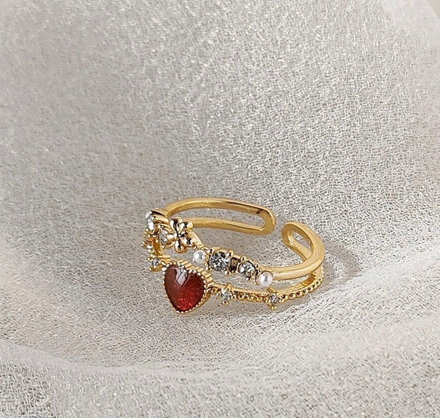 Red Heart Y2K Stacking Ring - Dainty Cute Double Layer Gold Lace Ring