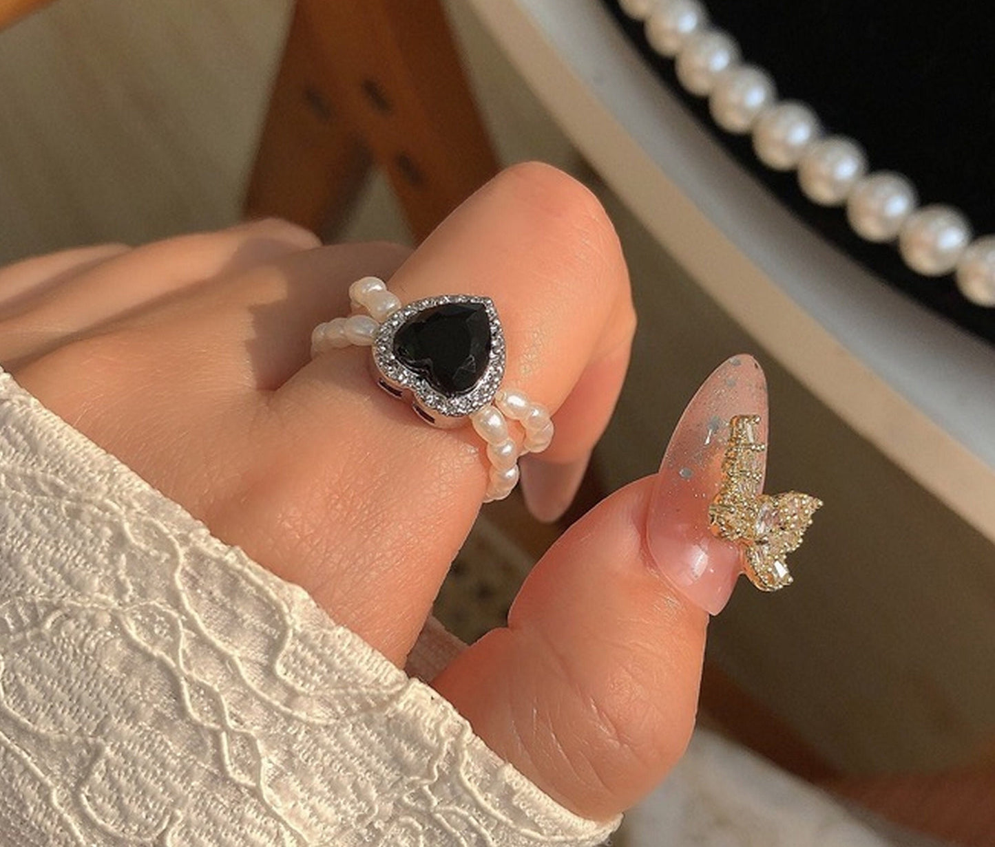 Handmade pearl ring, Double layer heart rings, Pearl beaded ring, Unique statement ring, Black spade ring, Y2K heart ring, Black heart ring