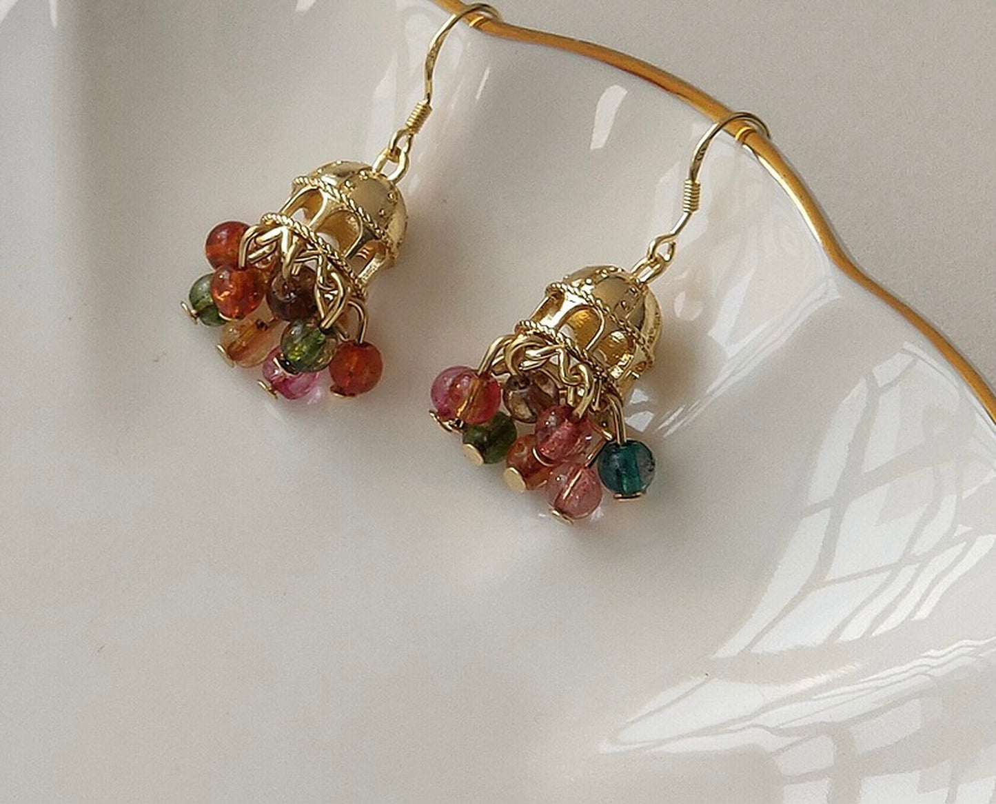 Cinderella Gold Cage Rainbow Drop Earrings - Gold Antique Wind Bell Earrings