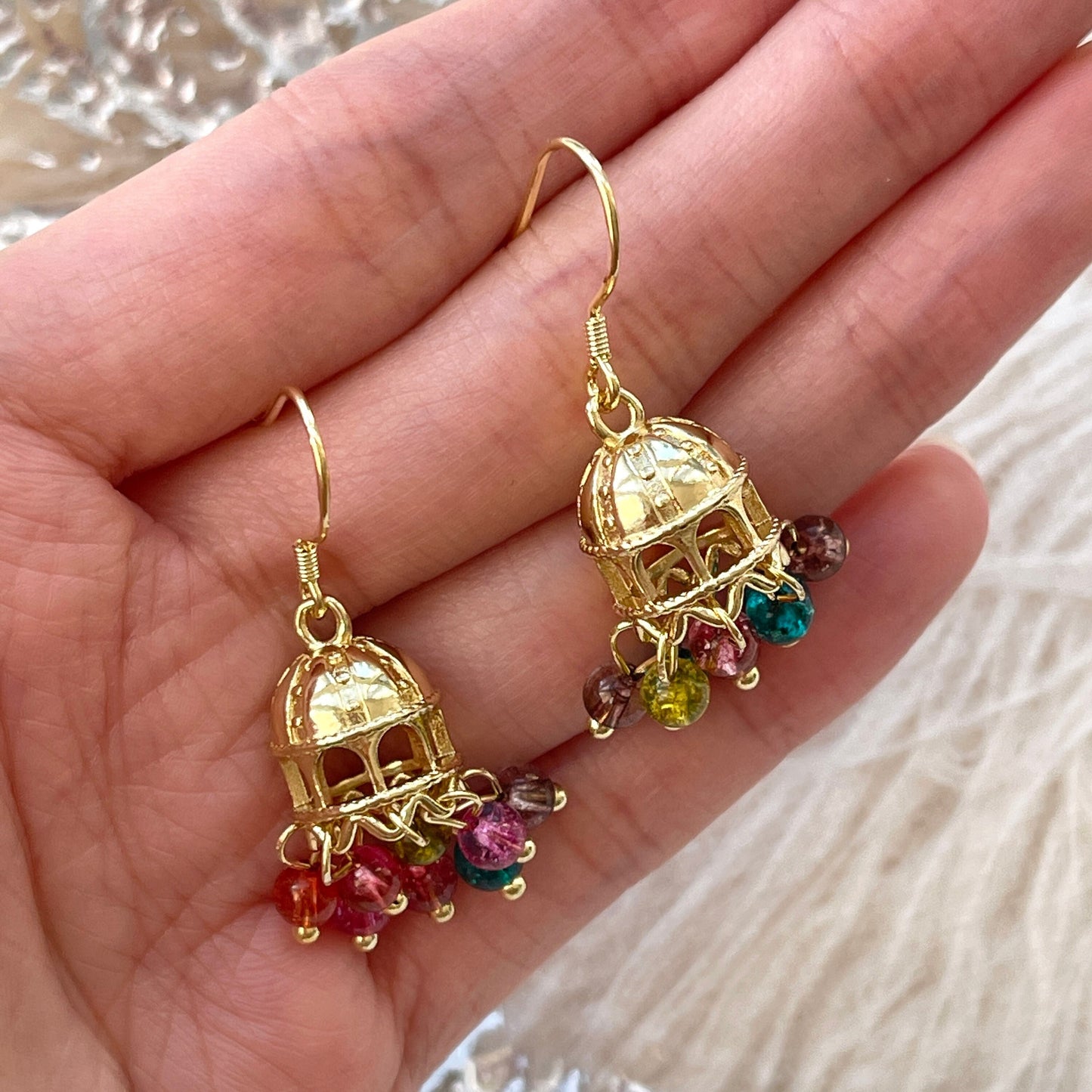 Cinderella Gold Cage Rainbow Drop Earrings - Gold Antique Wind Bell Earrings