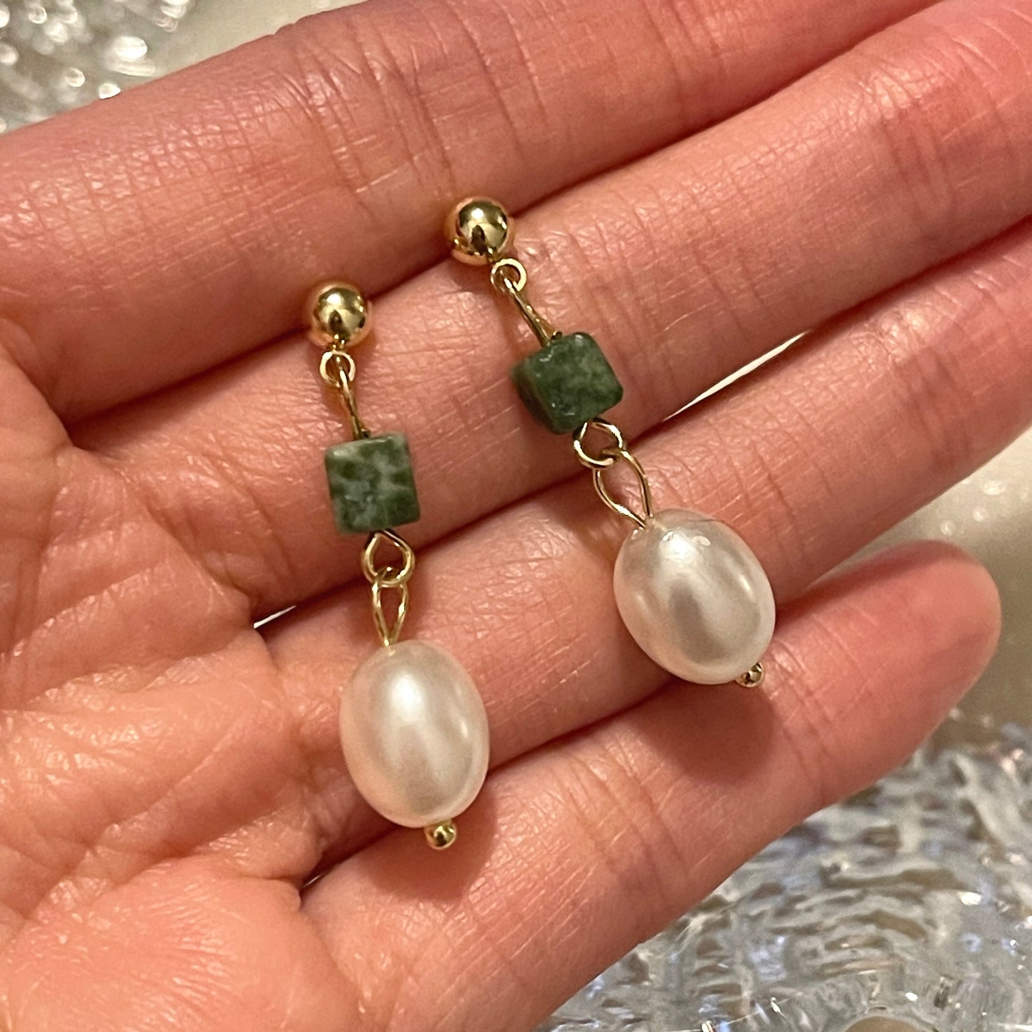 Vintage style pearl earrings, Green marble jade earrings, Baroque pearl earrings, Gold pearl dangle earrings, Handmade Mother's Day Gift