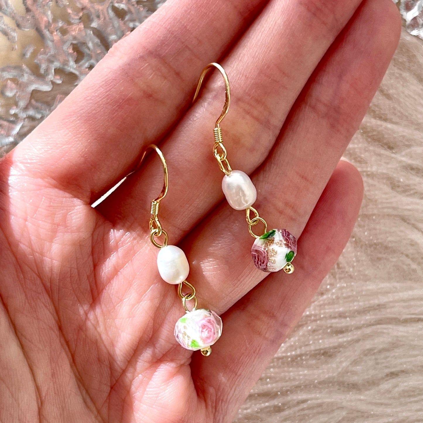 Vintage Wild Rose Drop Earrings - Gold Glazed Ball Natural Pearl Drop Earrings