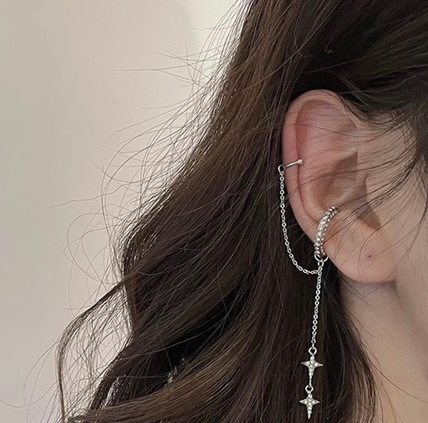 No Piercing Silver North Star cuff earrings | Punk Helix Link Chain Dangle Ear Climber Cuff