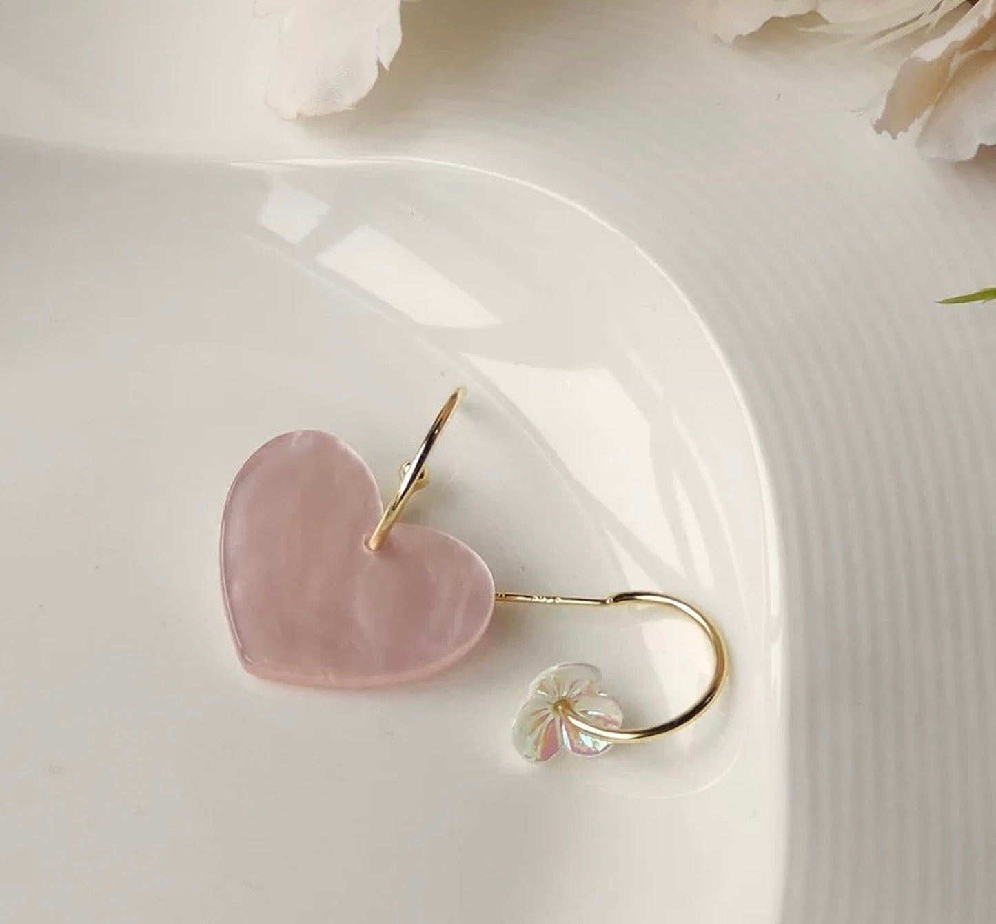 Pastel Pink Heart Mismatched Earrings | Dainty Gold Hoop Earrings