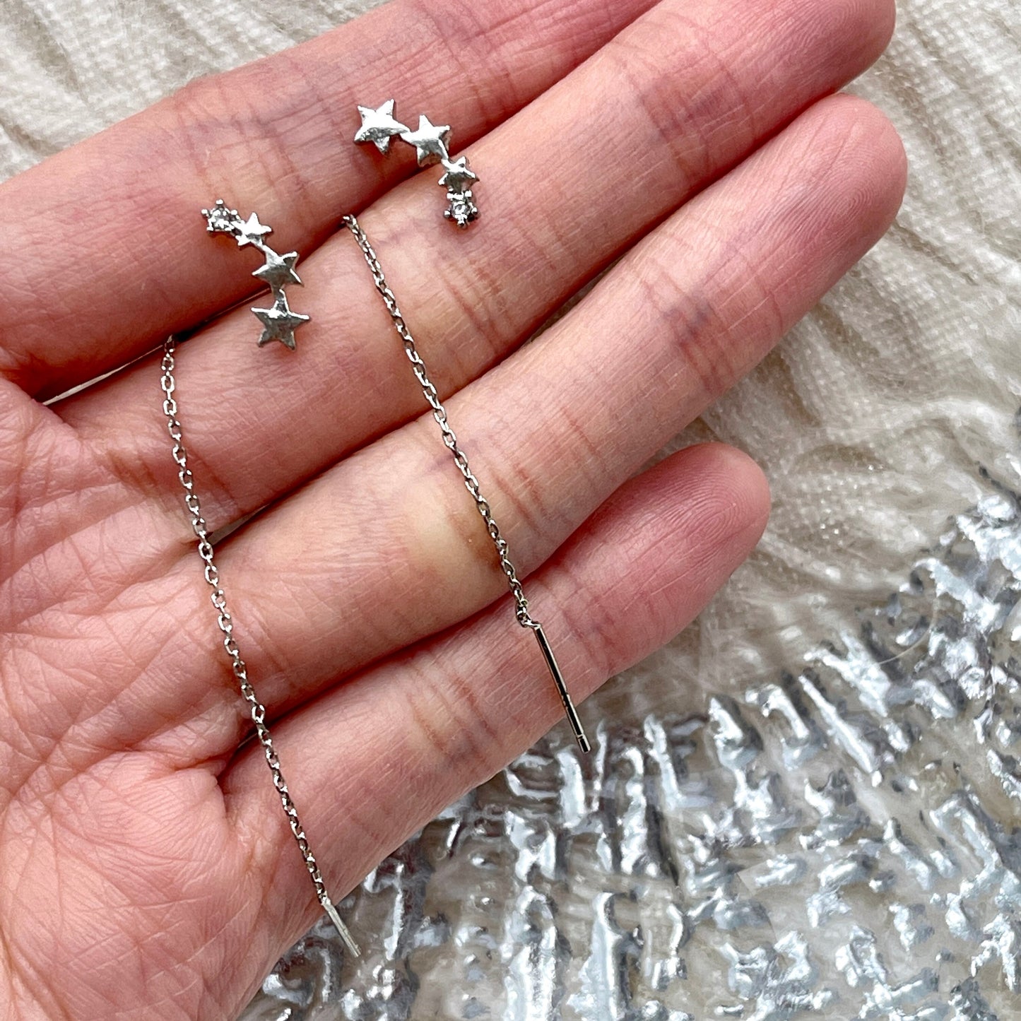 Dainty star threader earrings, Silver starburst ear threaders, CZ ear climbers, Minimalist threader earrings, Star cluster drop ear threader