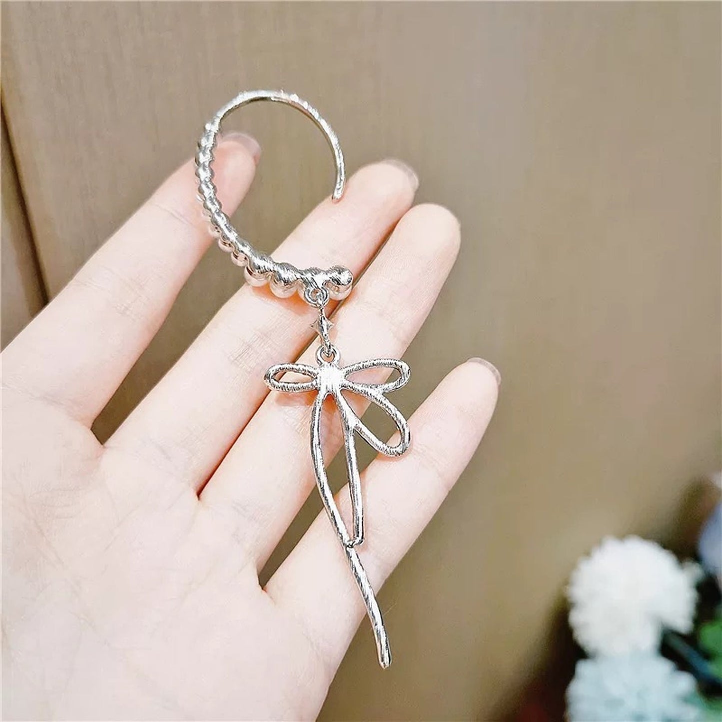 Silver Bow Ribbon Long Dangle Ear Wrap - K-Pop No Piercing Sparkly Earrings Statement Ear Cuffs
