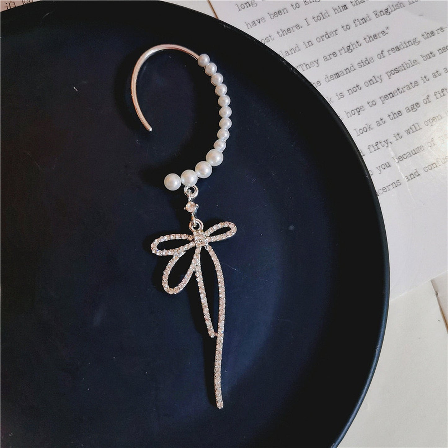 Silver Bow Ribbon Long Dangle Ear Wrap - K-Pop No Piercing Sparkly Earrings Statement Ear Cuffs
