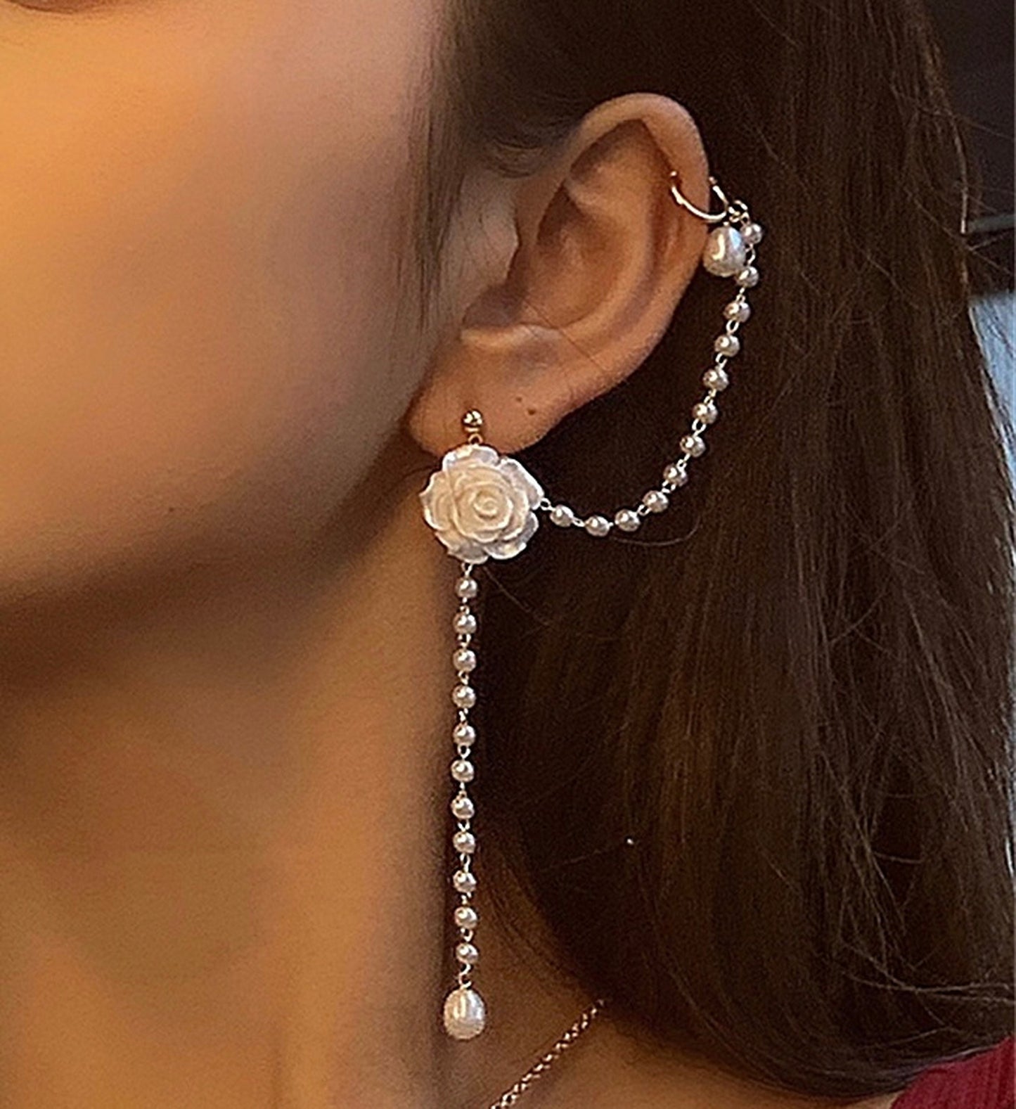 White Rose Ear Climber Wrap Cuff - Romantic Long Pearl Tassel Earrings