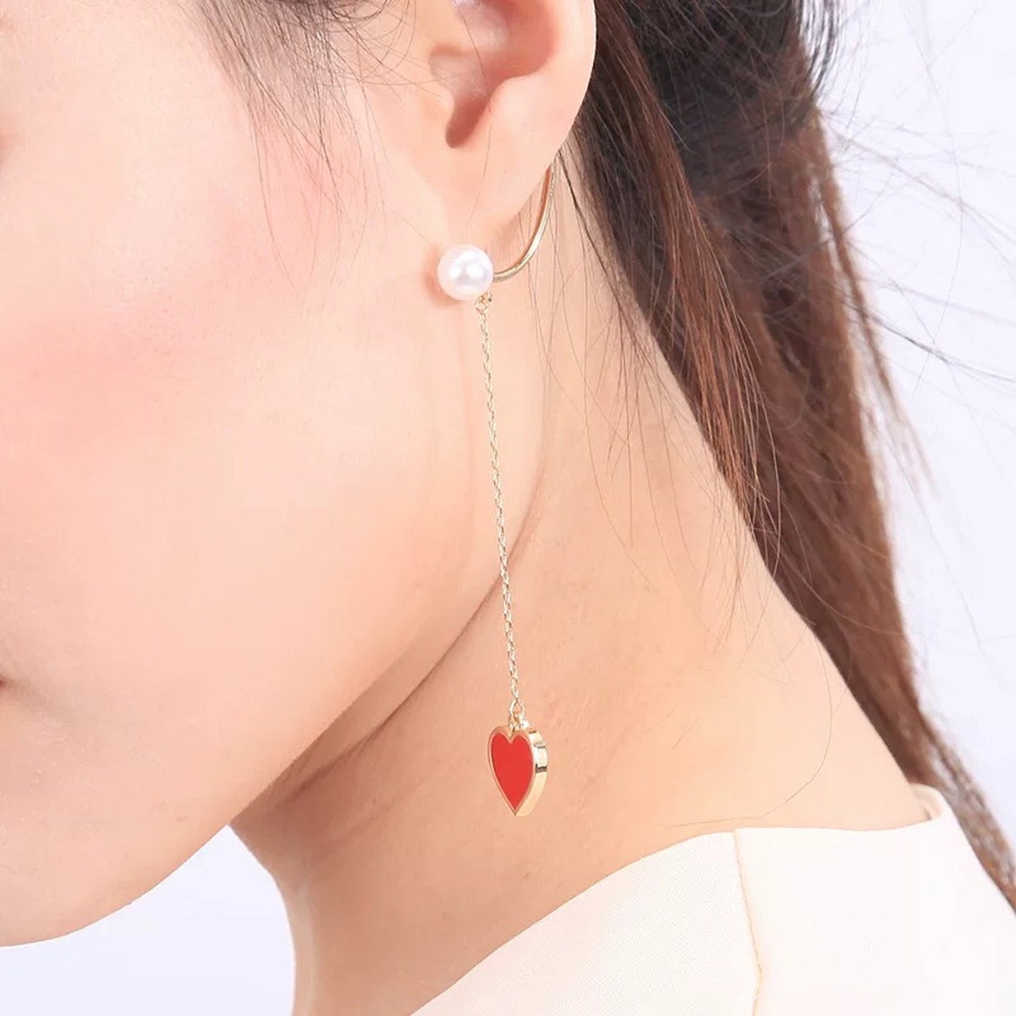 Romantic No piercing Red Heart Dangle Drop Ear Wrap | Pearl Long Tassel No Ear Hole Jewelry