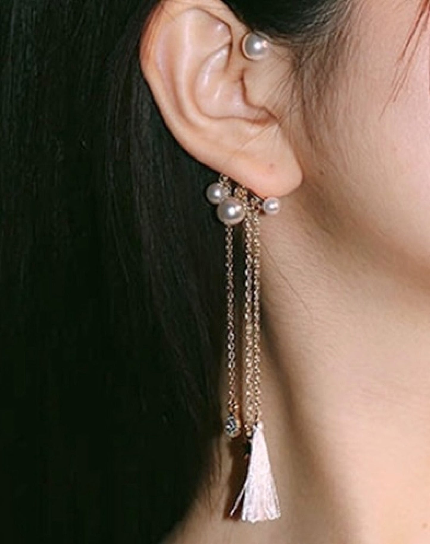 No piercing bohemian ear wrap, Pearl ear wrap, Long tassel dangle earrings, Gold star ear wrap, Dangly gold ear wrap, Delicate long ear wrap