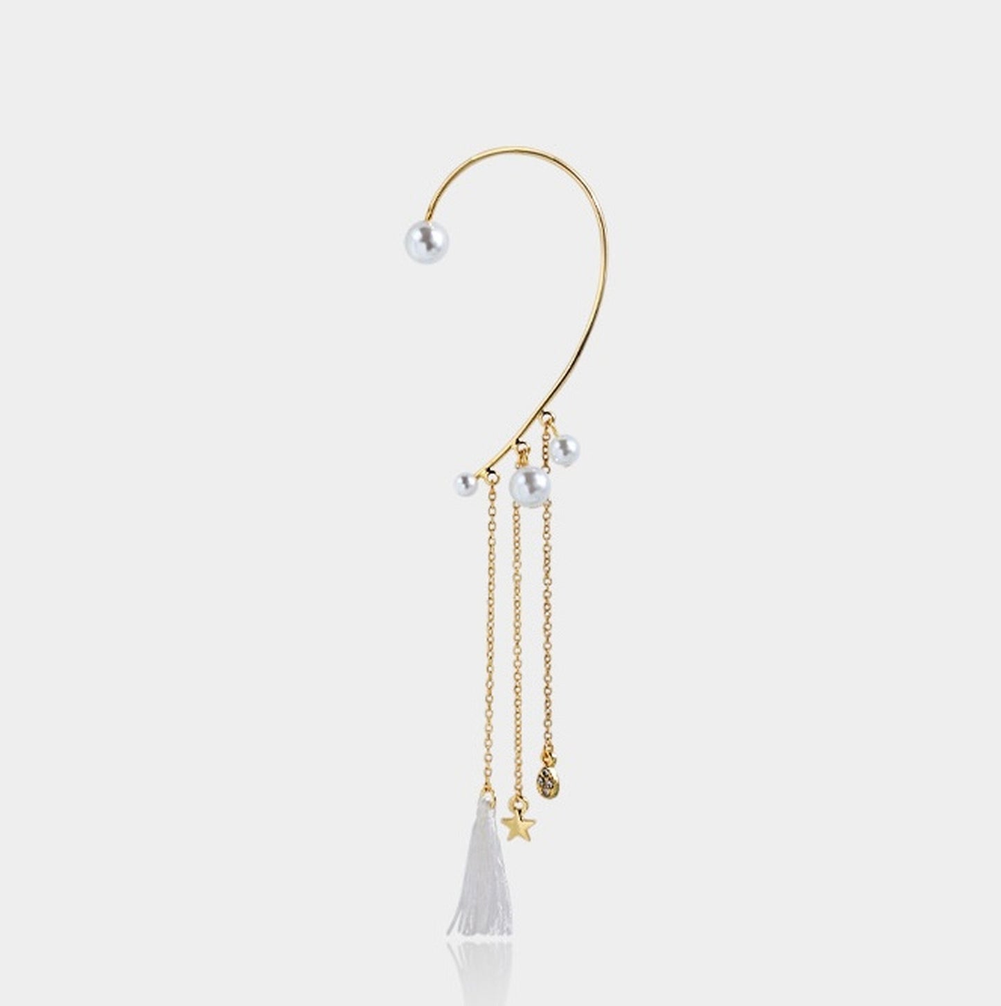 No piercing bohemian ear wrap, Pearl ear wrap, Long tassel dangle earrings, Gold star ear wrap, Dangly gold ear wrap, Delicate long ear wrap