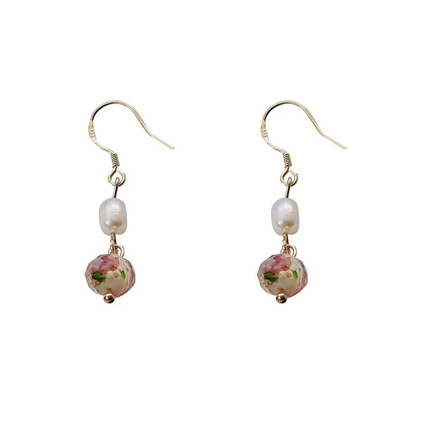Vintage Wild Rose Drop Earrings - Gold Glazed Ball Natural Pearl Drop Earrings