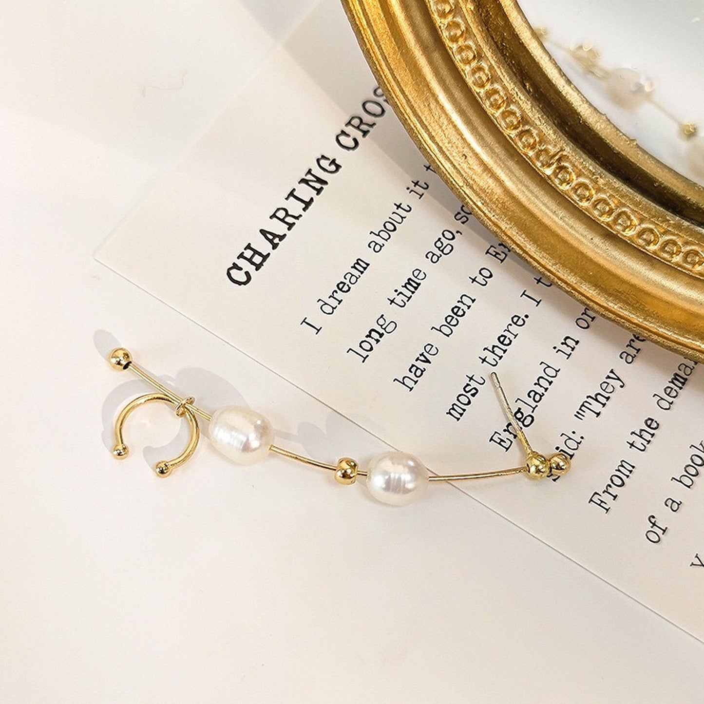 Dainty Natural Pearl Ear Crawler Climber | Minimalist Gold Vine Ear Wrap