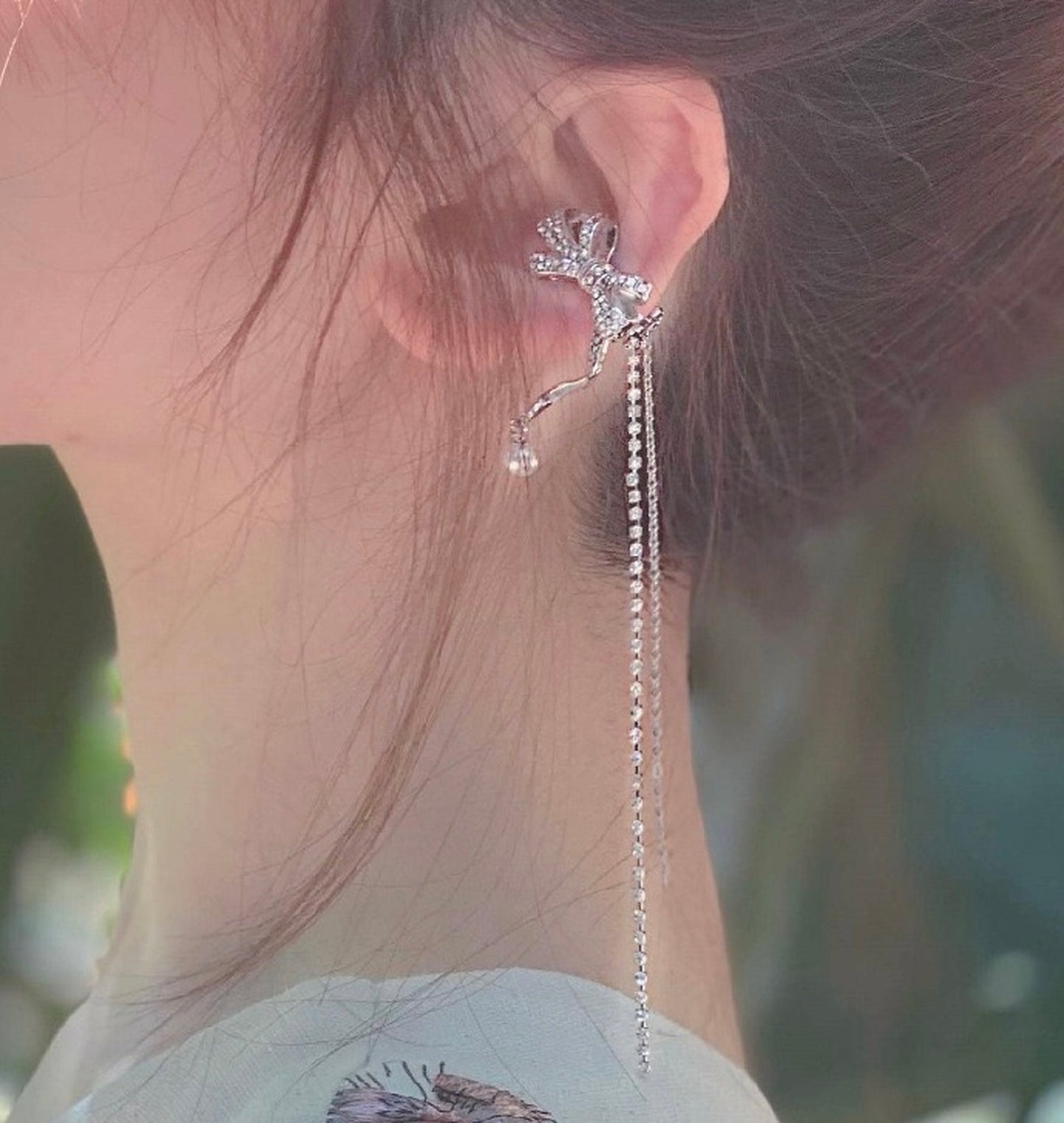 No piercing ribbon earrings, Silver pearl ear cuff climber, Non pierced cuff earrings, CZ pearl ear cuff, Long tassel dangle cuff earrings