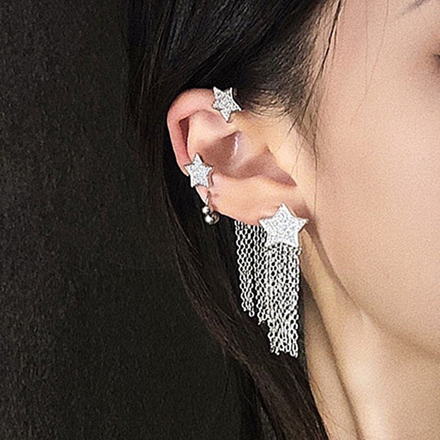 North star ear wrap, No piercing ear wrap, Tassel dangle ear wrap, Celestial star ear climber, Dainty bridesmaid ear wrap, CZ star earrings