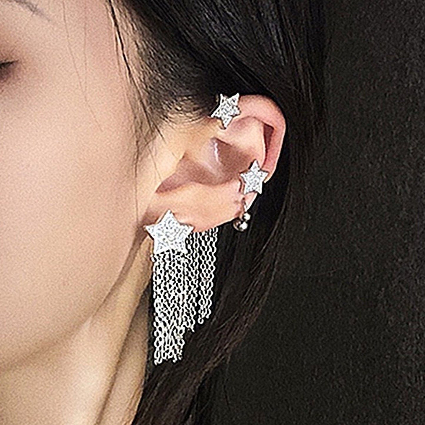 North star ear wrap, No piercing ear wrap, Tassel dangle ear wrap, Celestial star ear climber, Dainty bridesmaid ear wrap, CZ star earrings