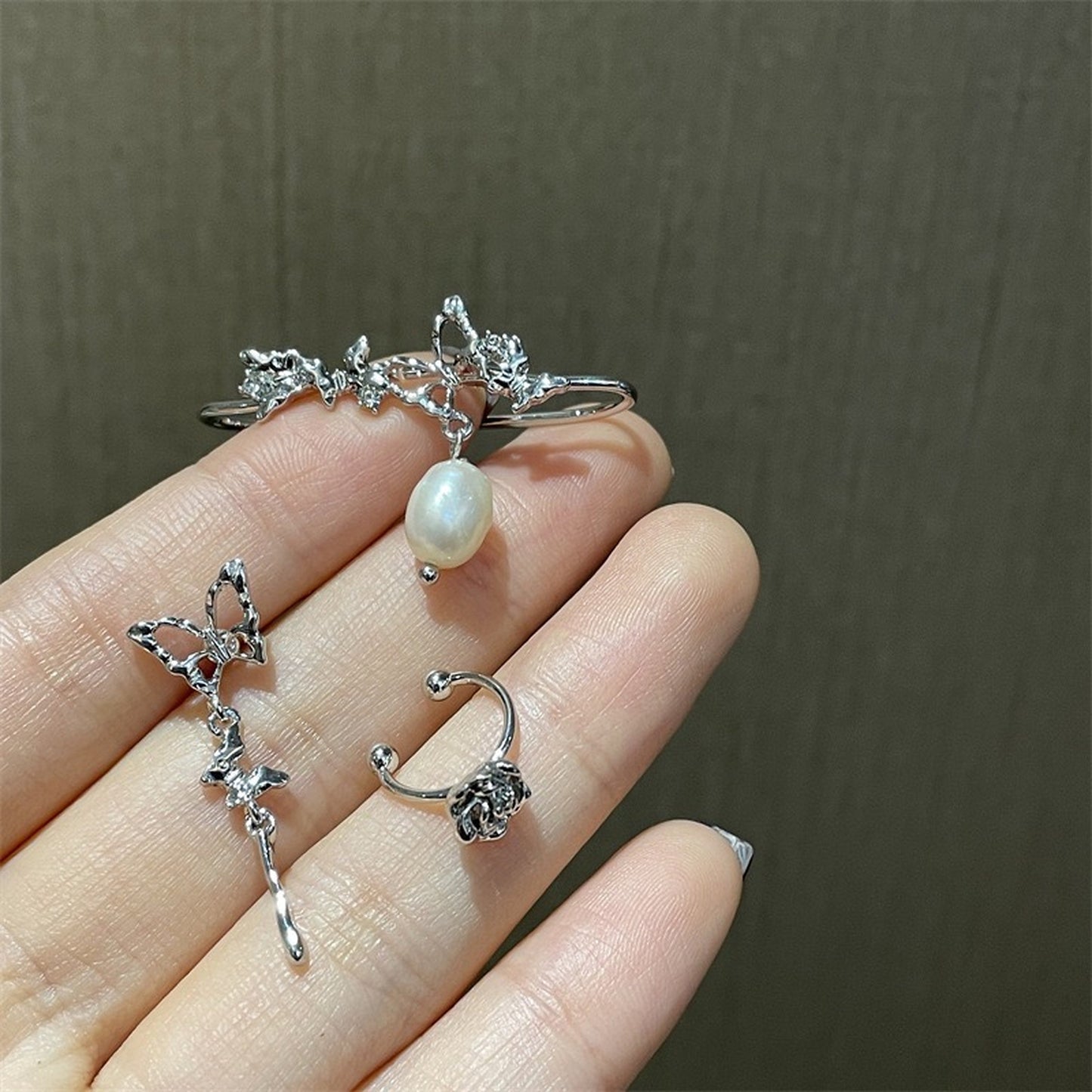 Romantic Rose Butterfly Ear Cuffs - No Picering Ear Vine Floral Dangle Helix Ear Climbers