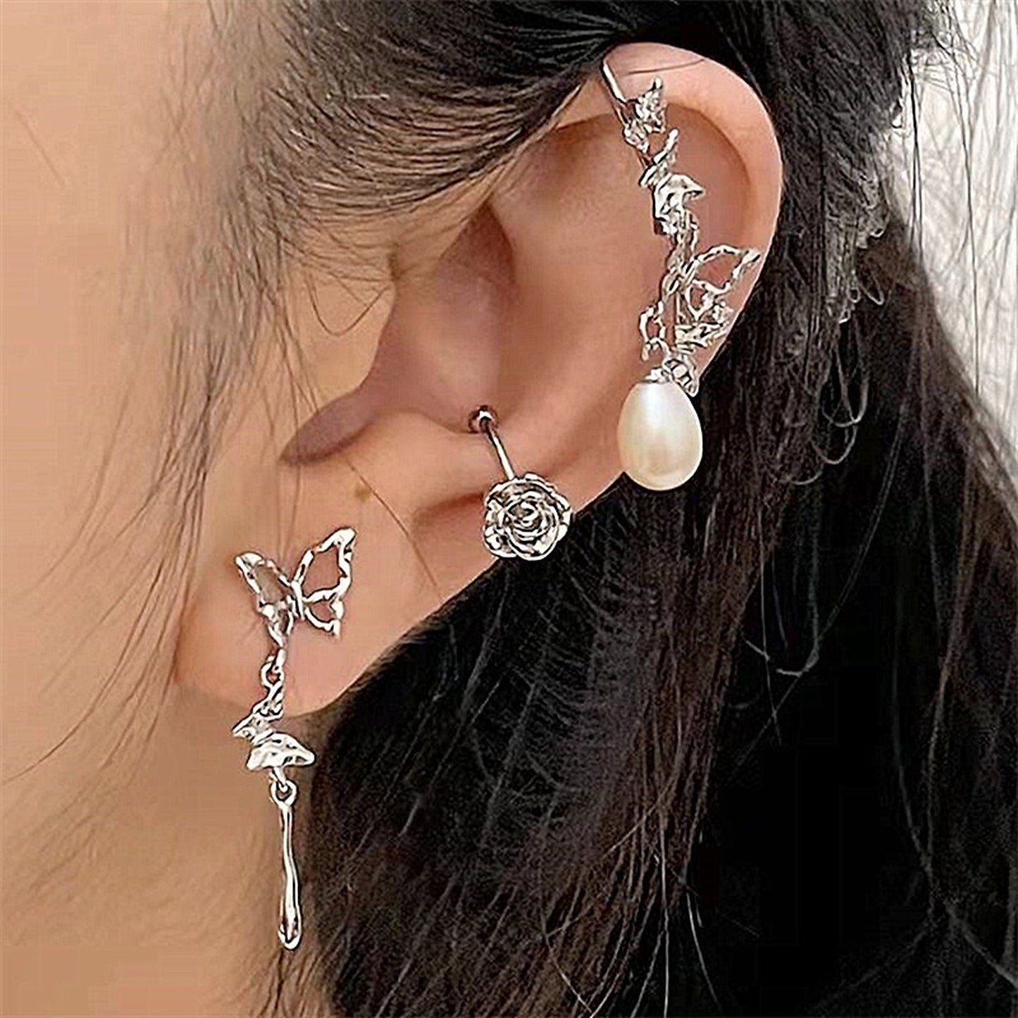 Romantic Rose Butterfly Ear Cuffs - No Picering Ear Vine Floral Dangle Helix Ear Climbers