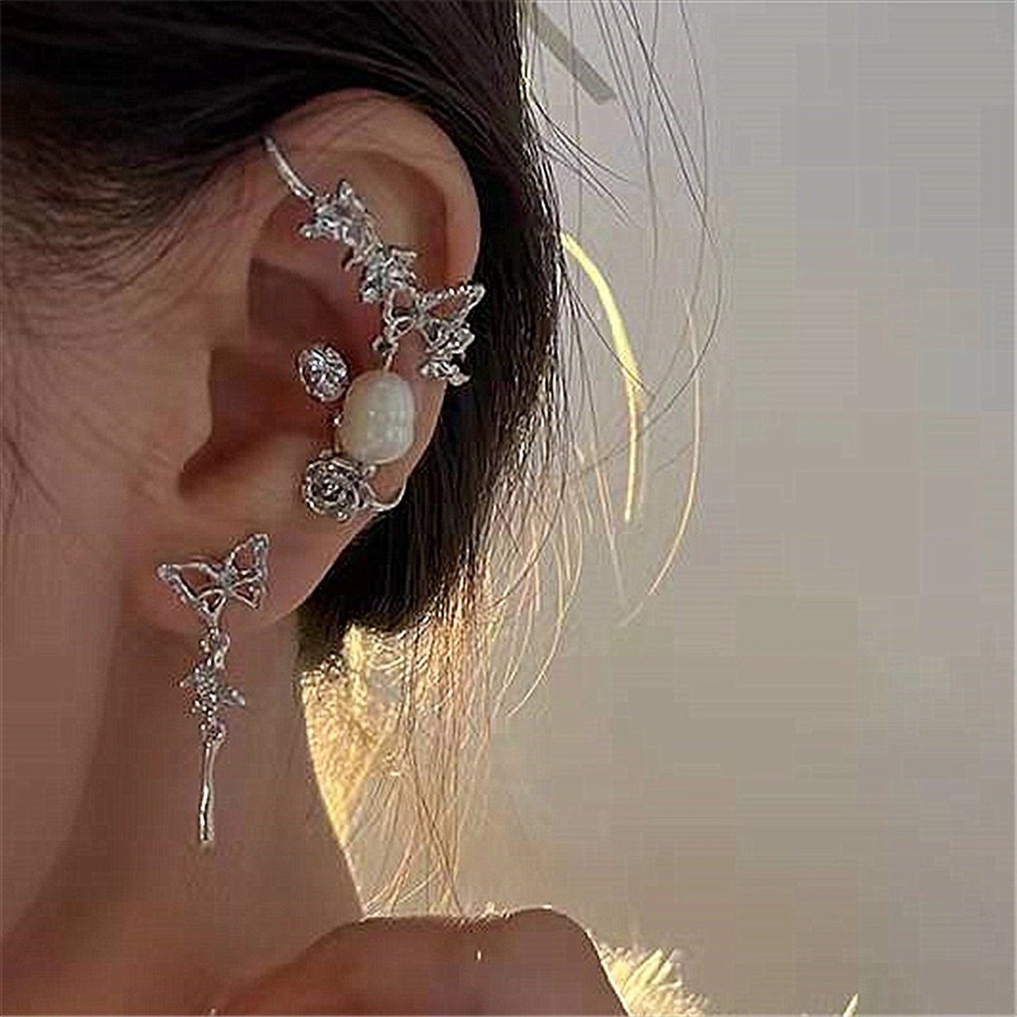Romantic Rose Butterfly Ear Cuffs - No Picering Ear Vine Floral Dangle Helix Ear Climbers