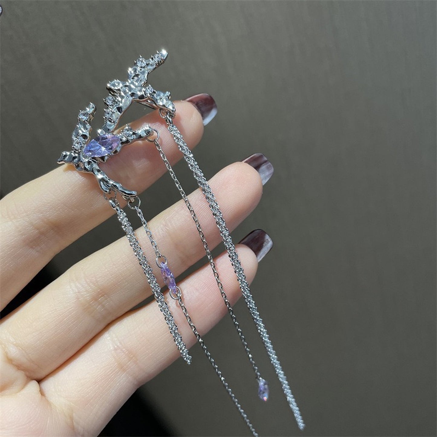 Silver Purple Crystal Long Dangle Ear Cuff - Unique Creative Flying Birds Ear Wrap Climbers