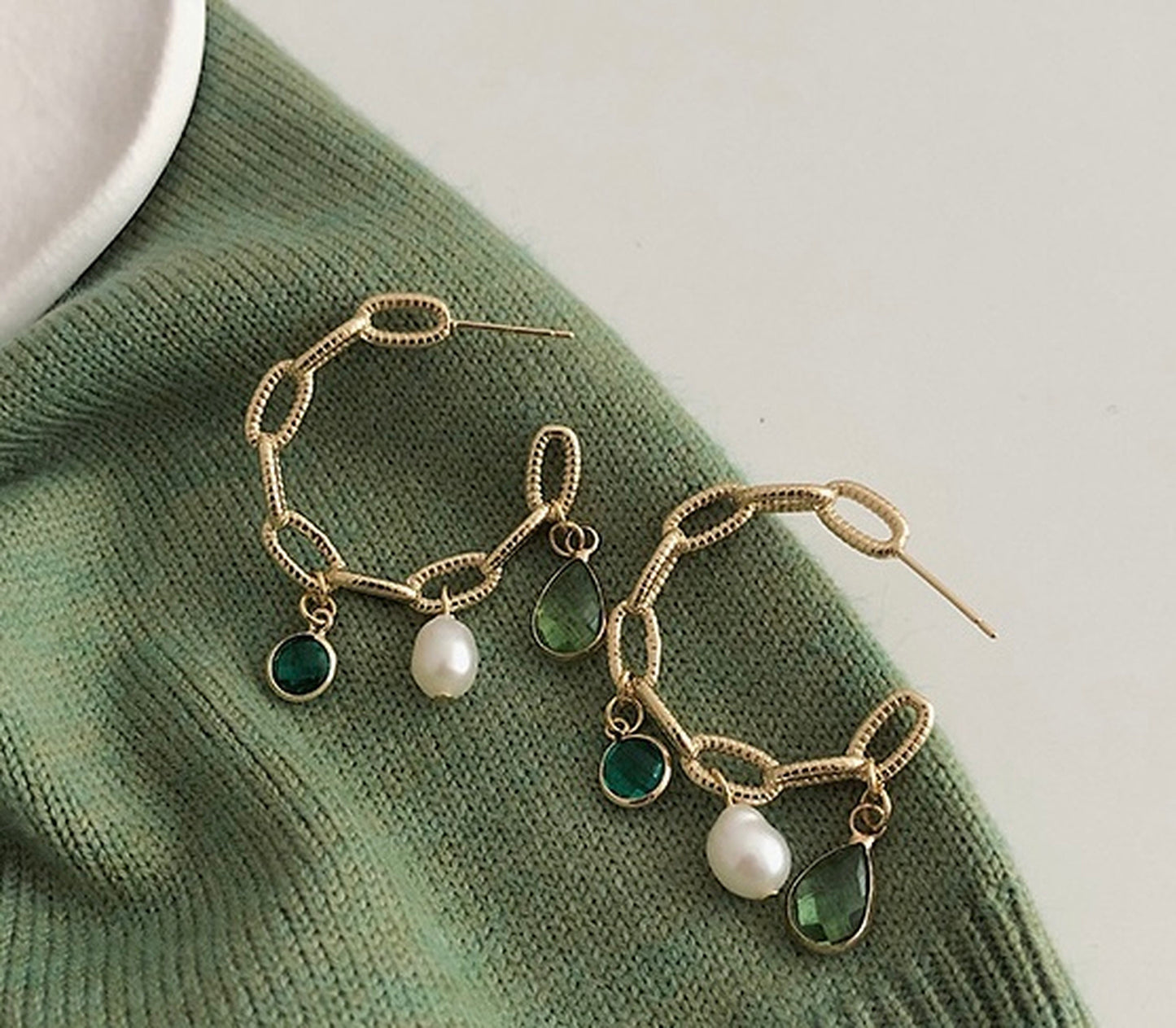 Emerald Green Tassel Gold Hoop Earrings | Retro 90s Style Chunky Statement Earrings