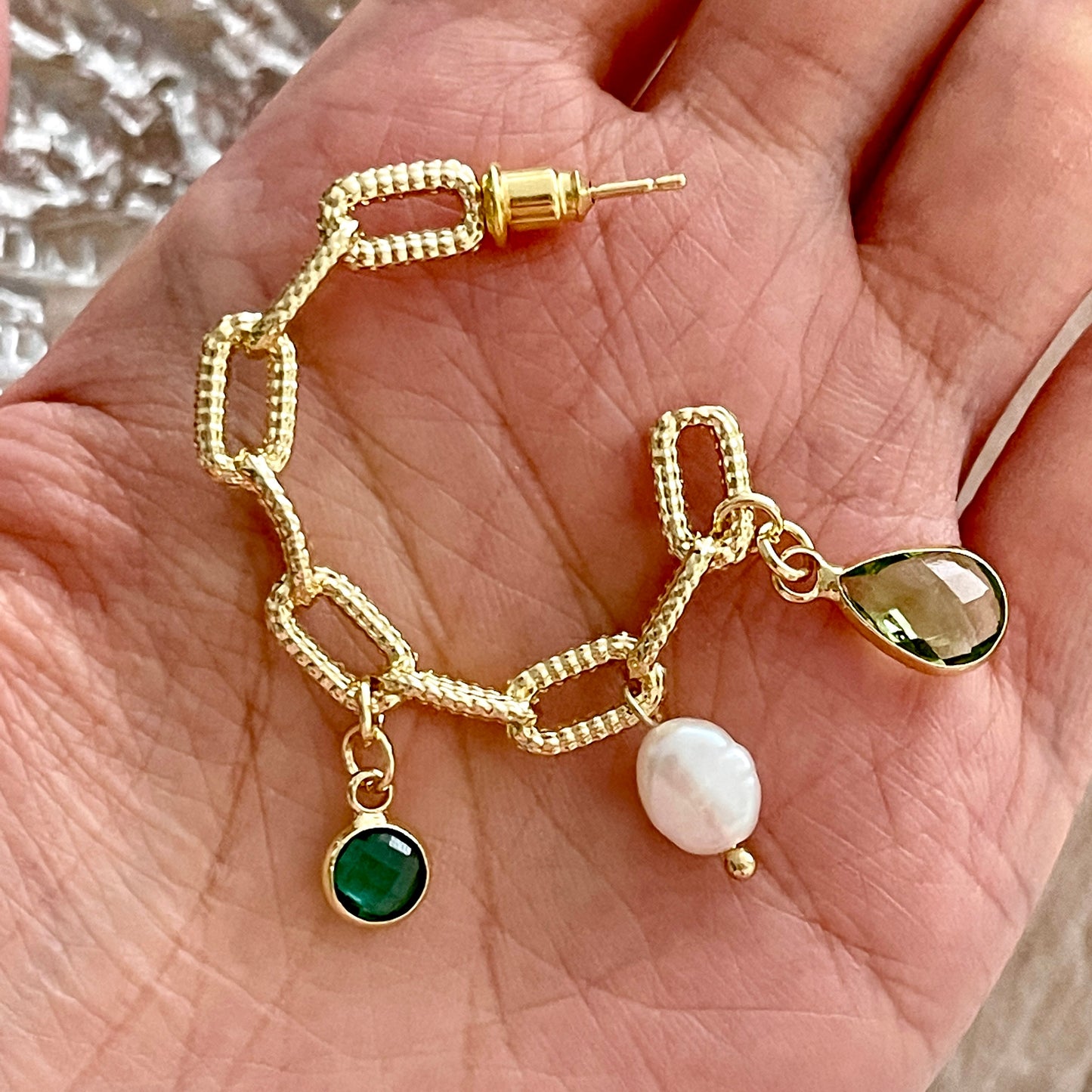Emerald Green Tassel Gold Hoop Earrings | Retro 90s Style Chunky Statement Earrings