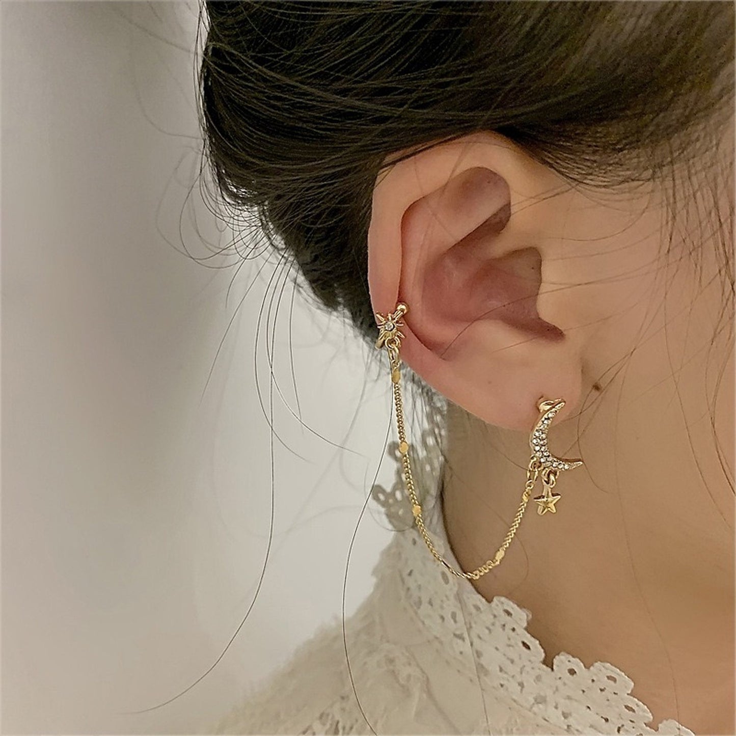 Golden Star Celestial Dangle Cuff Earrings | North Star Crescent Moon Ear Cuff Climber