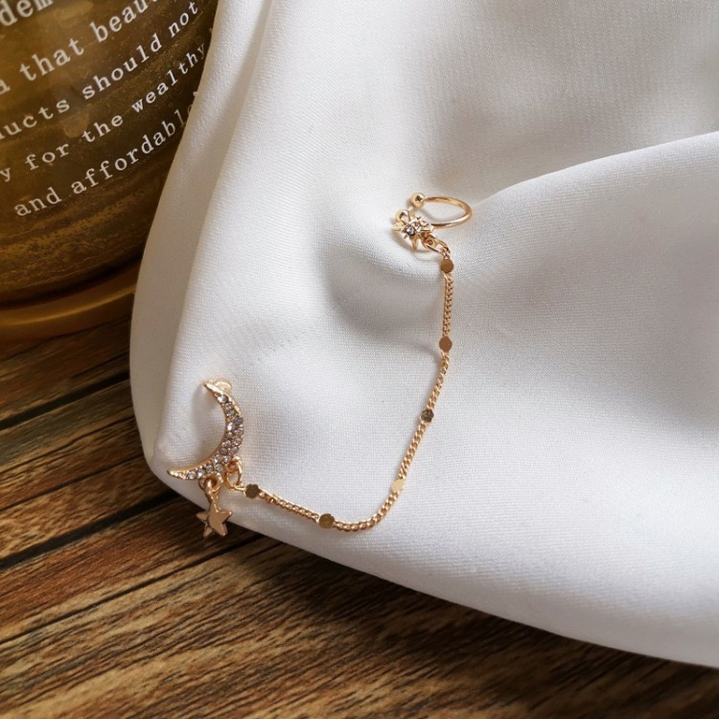 Golden star ear cuff, Gold celestial cuff earrings, North star ear wrap, Crescent moon ear climber, Linked chain dangle ear cuff, Minimalist