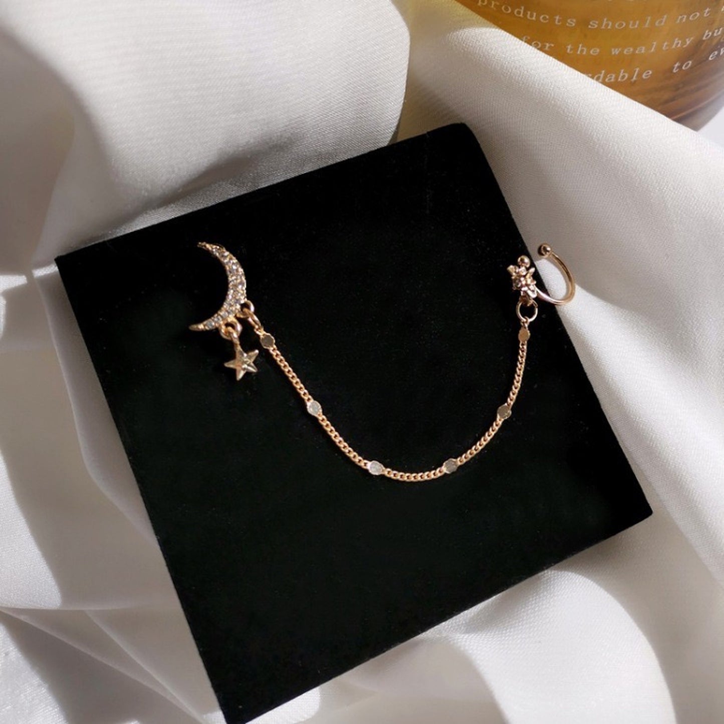 Golden Star Celestial Dangle Cuff Earrings | North Star Crescent Moon Ear Cuff Climber